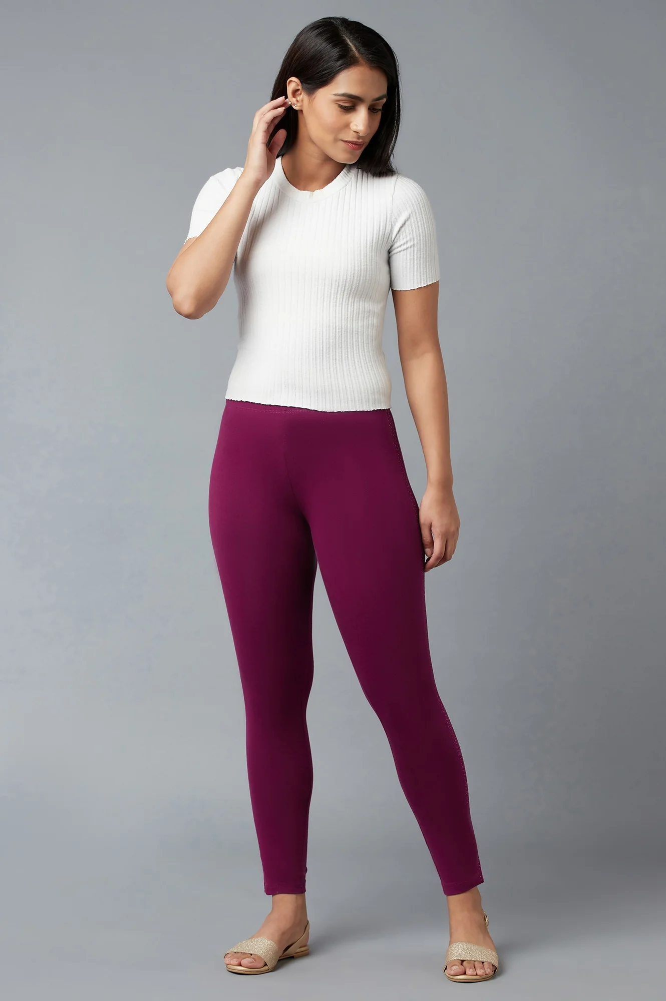 Purple Solid Skinny Fit Cotton Tights With Elasticated Waist - Image 5