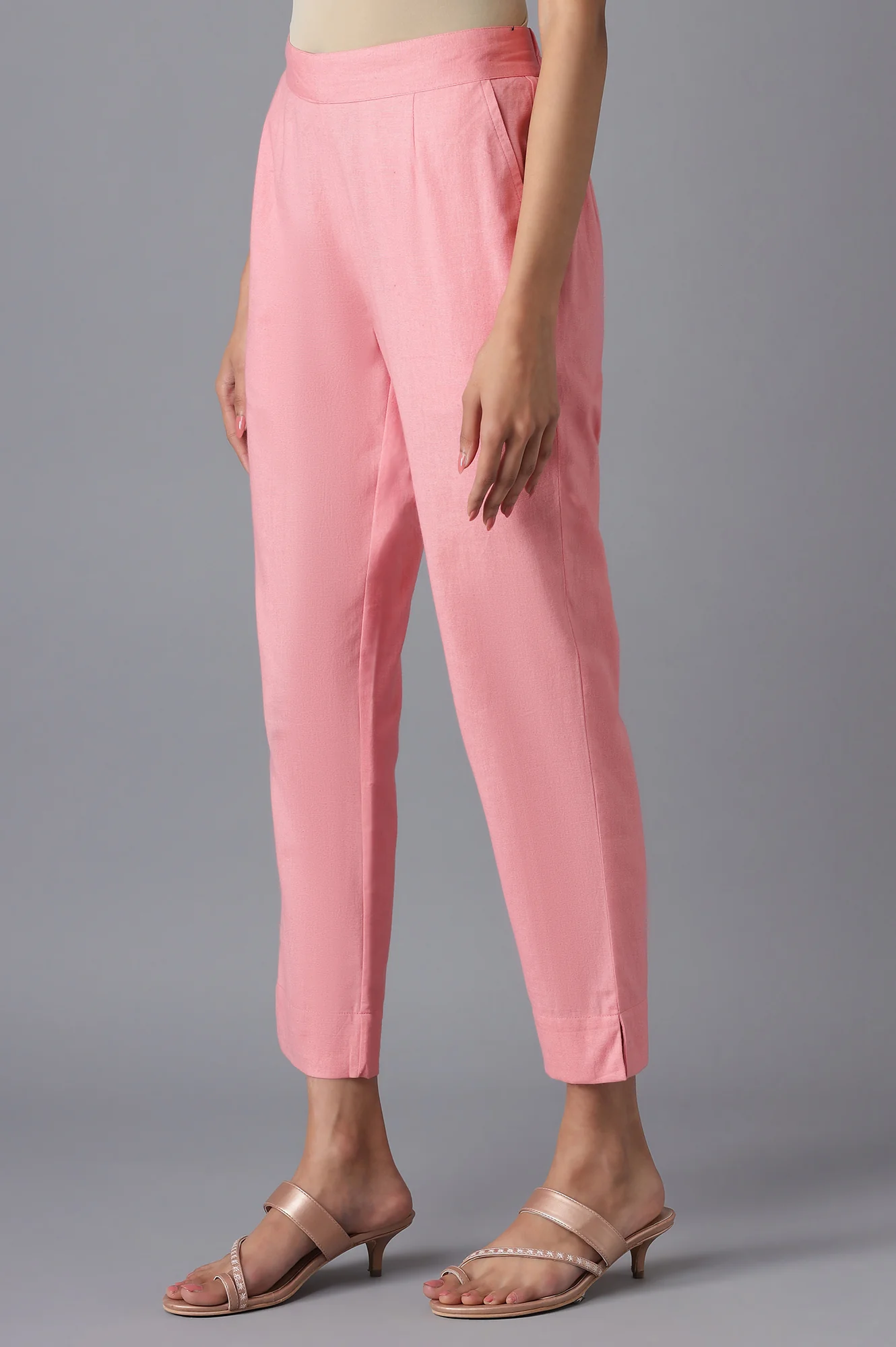 Pink Cotton Solid Trousers - Image 3