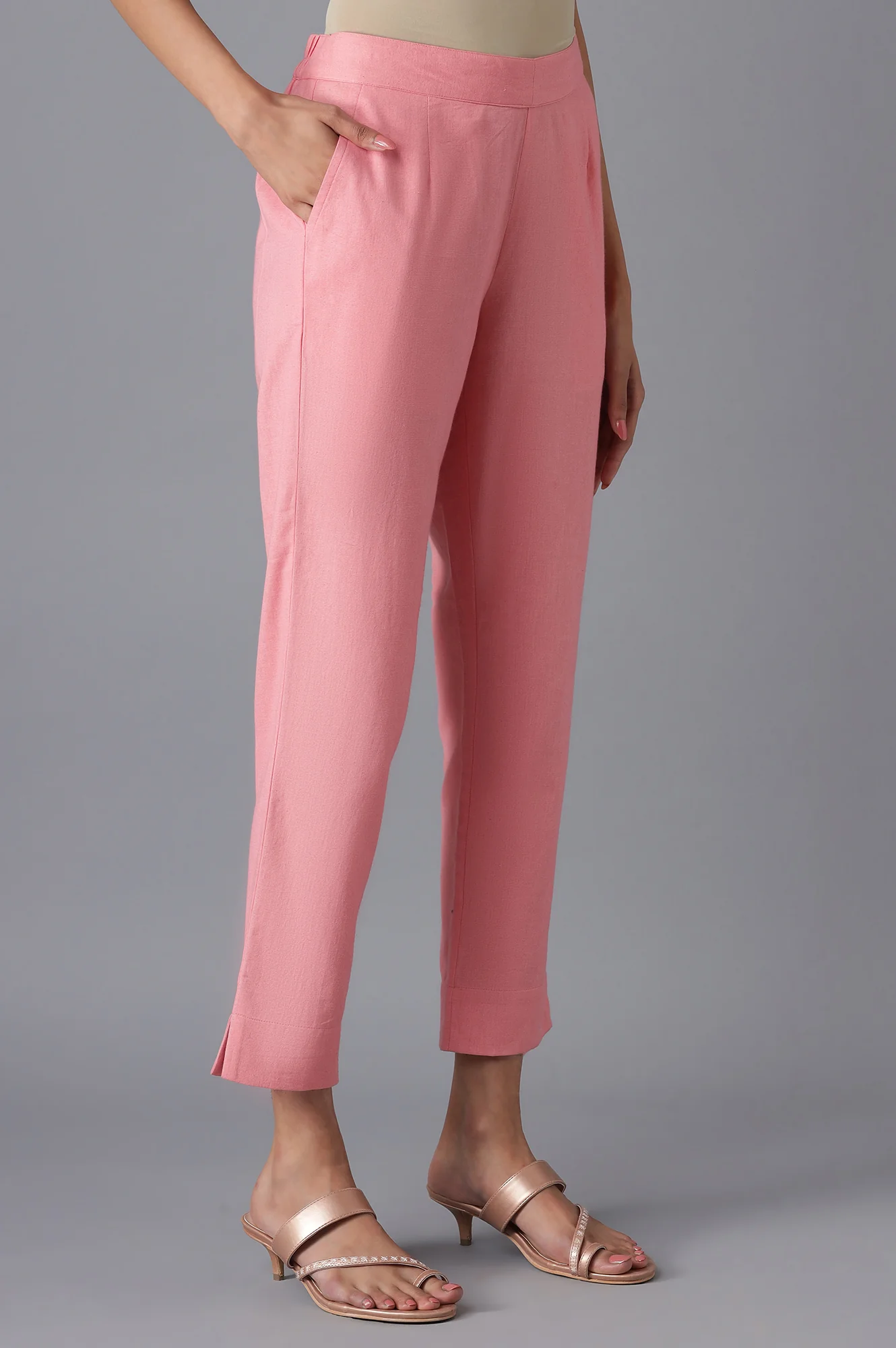 Pink Cotton Solid Trousers - Image 4
