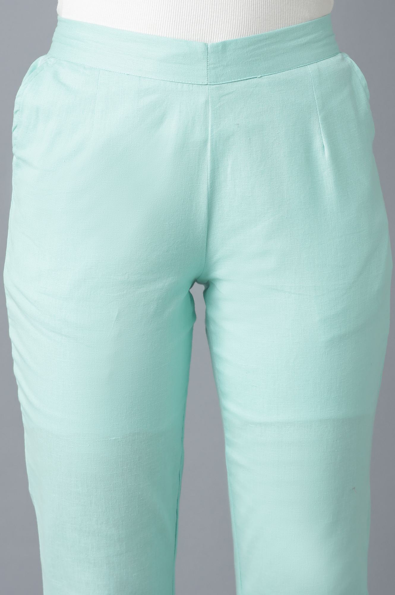 Light Blue Solid Straight Fit Cotton Trousers With Elasticated Waistband - Image 6