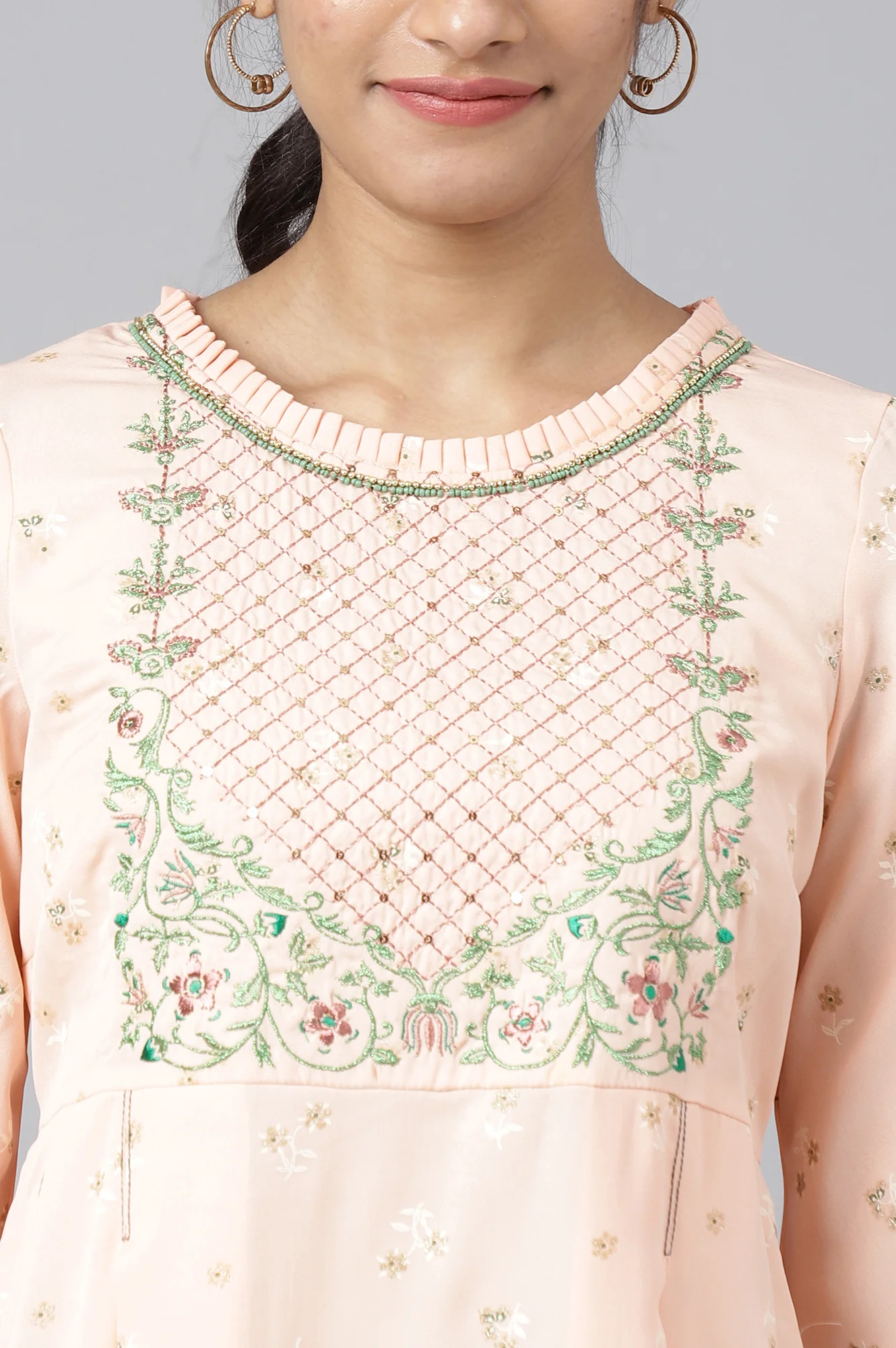 Pink Embroidered Dress with Green Tights and Dupatta - Image 10