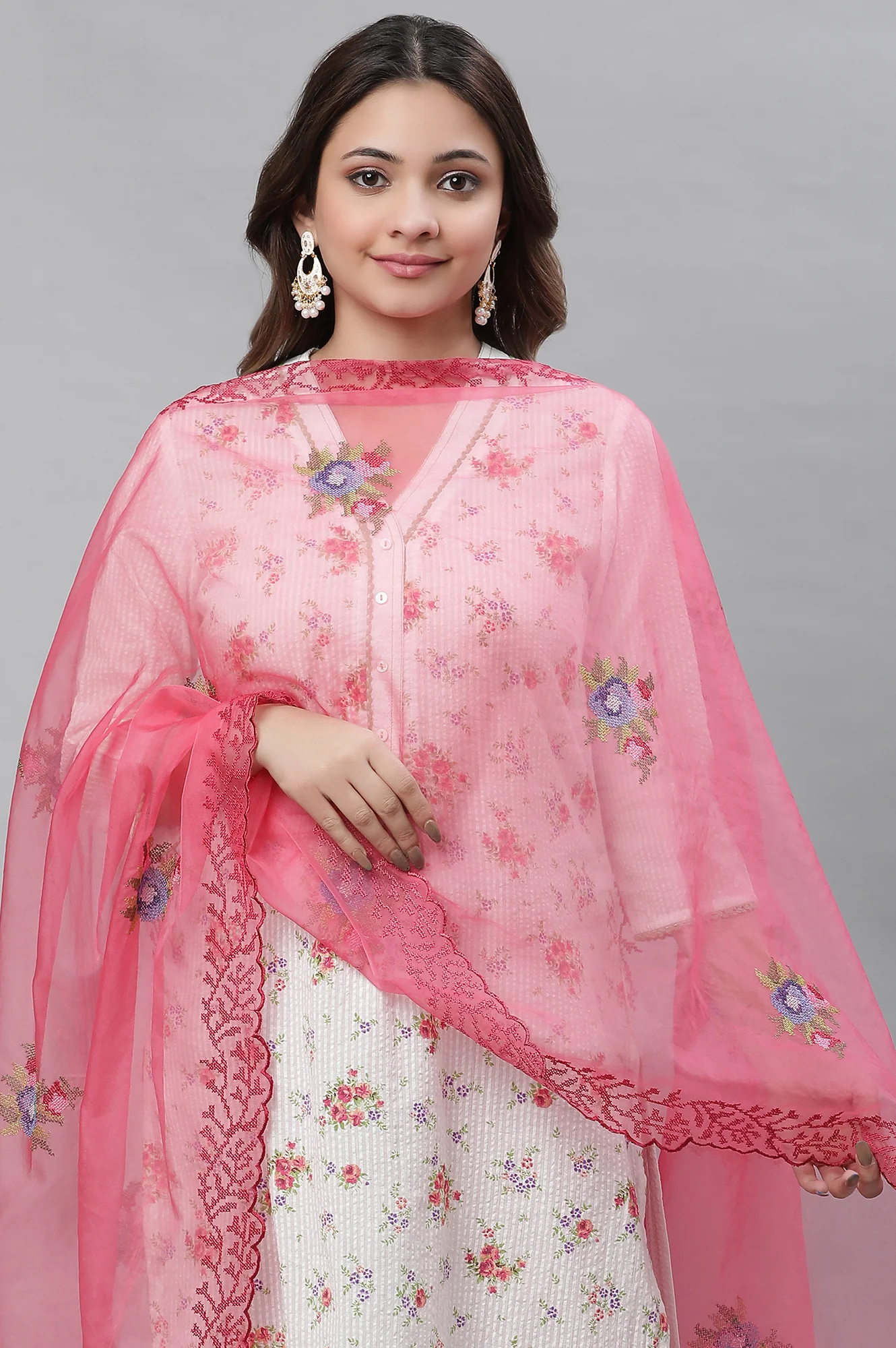 Pink Embroidered Nylon Organza Dupatta - Image 4
