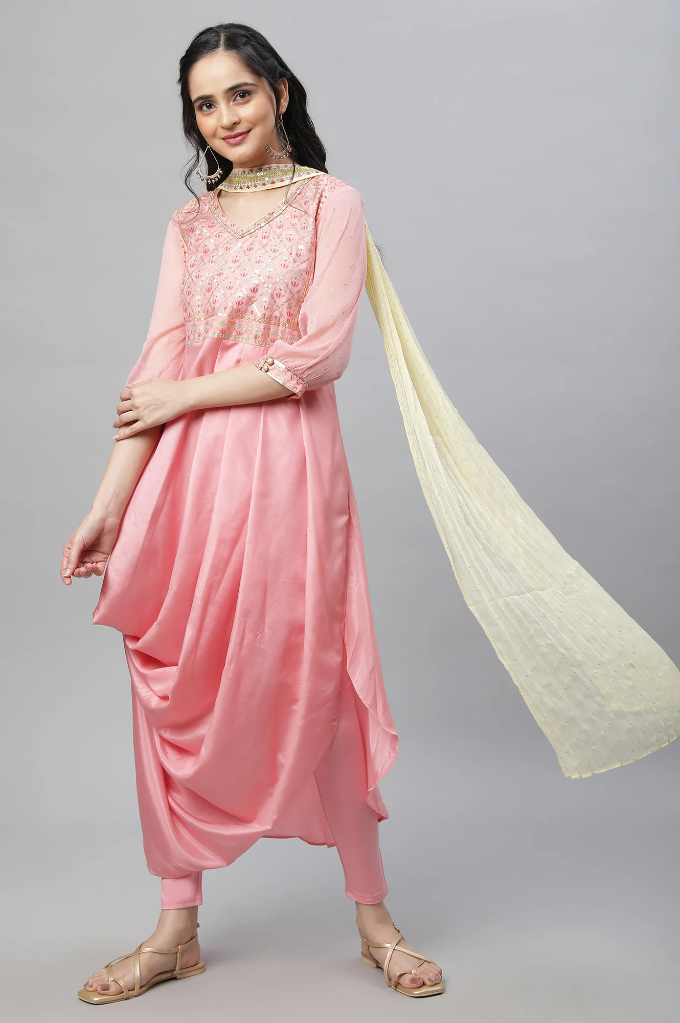 Pink Festive Drap Kurta, Tights & Dupatta Set - Image 5