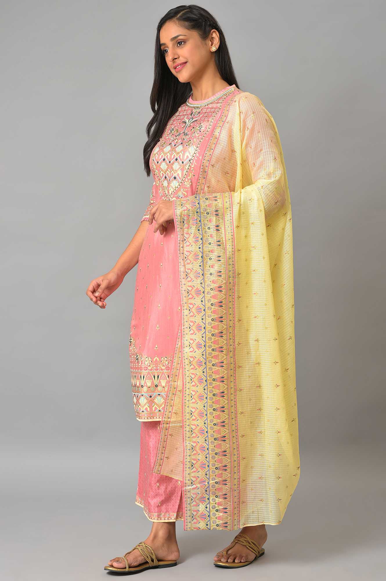 Pink Festive kurta With Narrow Palaza And Yellow Dupatta - Image 3