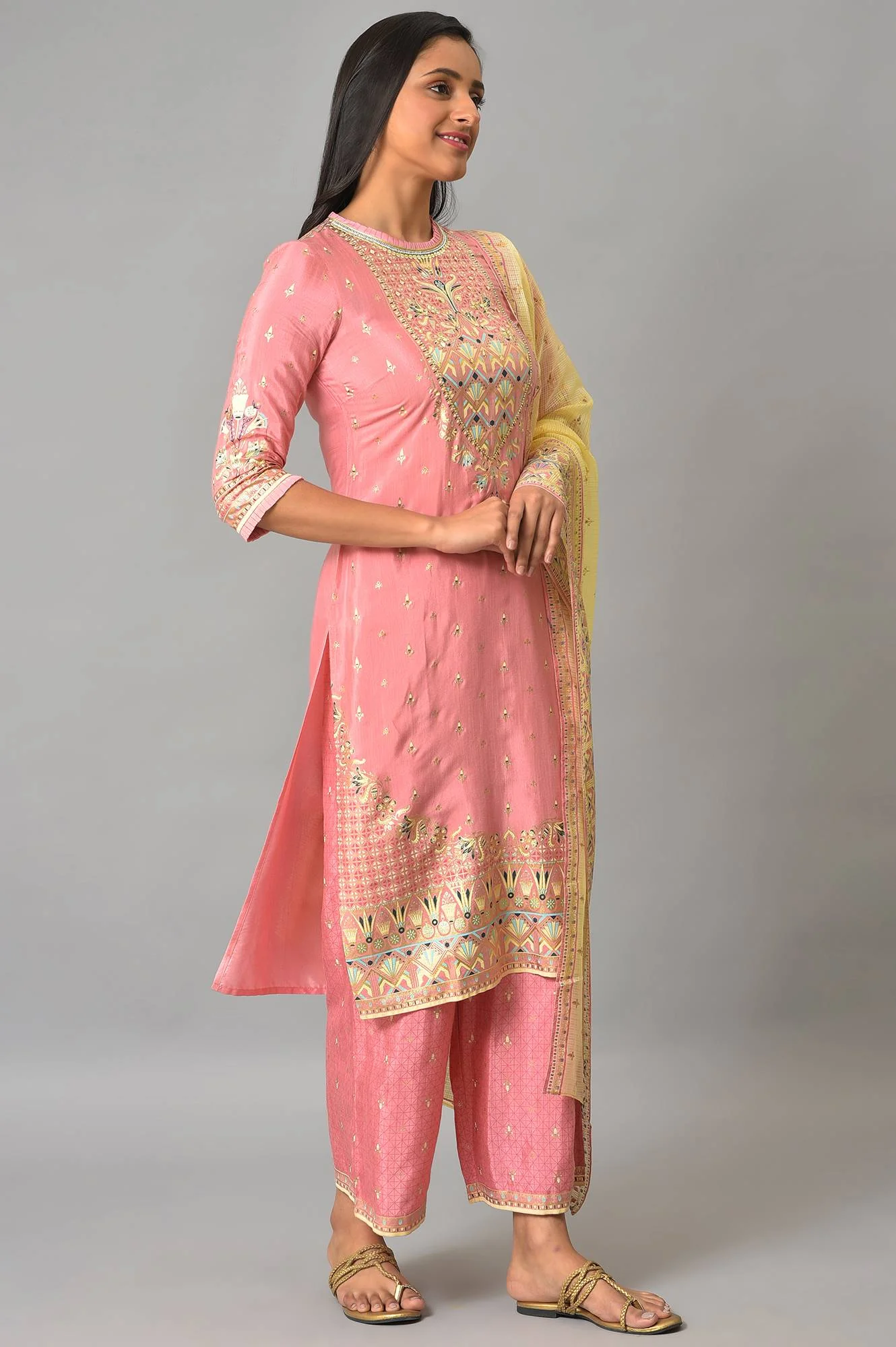 Pink Festive kurta With Narrow Palaza And Yellow Dupatta - Image 4