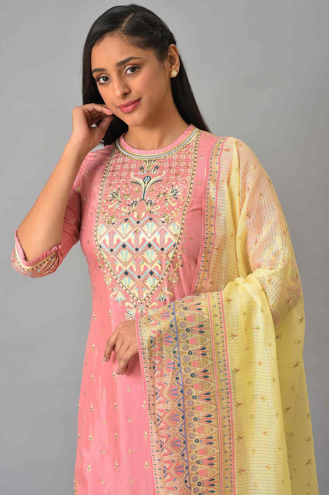 Pink Festive kurta With Narrow Palaza And Yellow Dupatta - Image 5