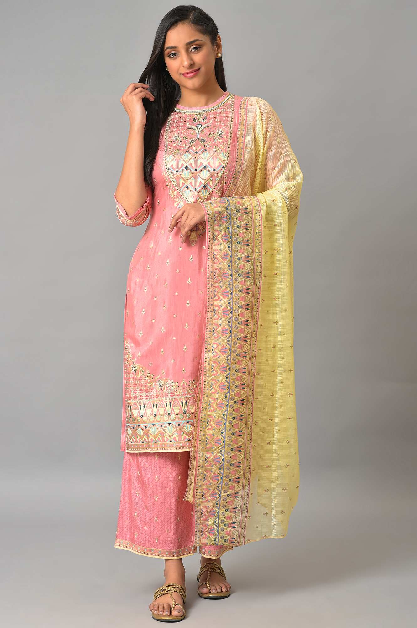 Pink Festive kurta With Narrow Palaza And Yellow Dupatta - Image 9