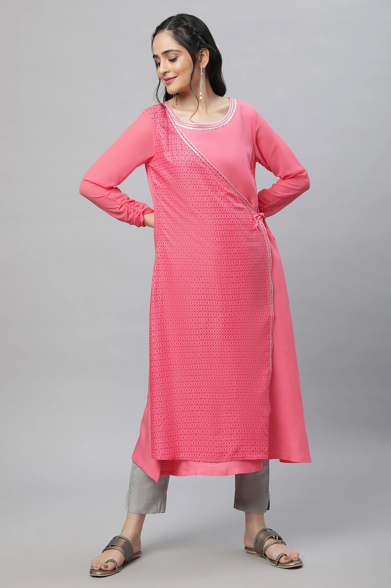 Pink Festive Mock Angrakha Kurta - Image 5