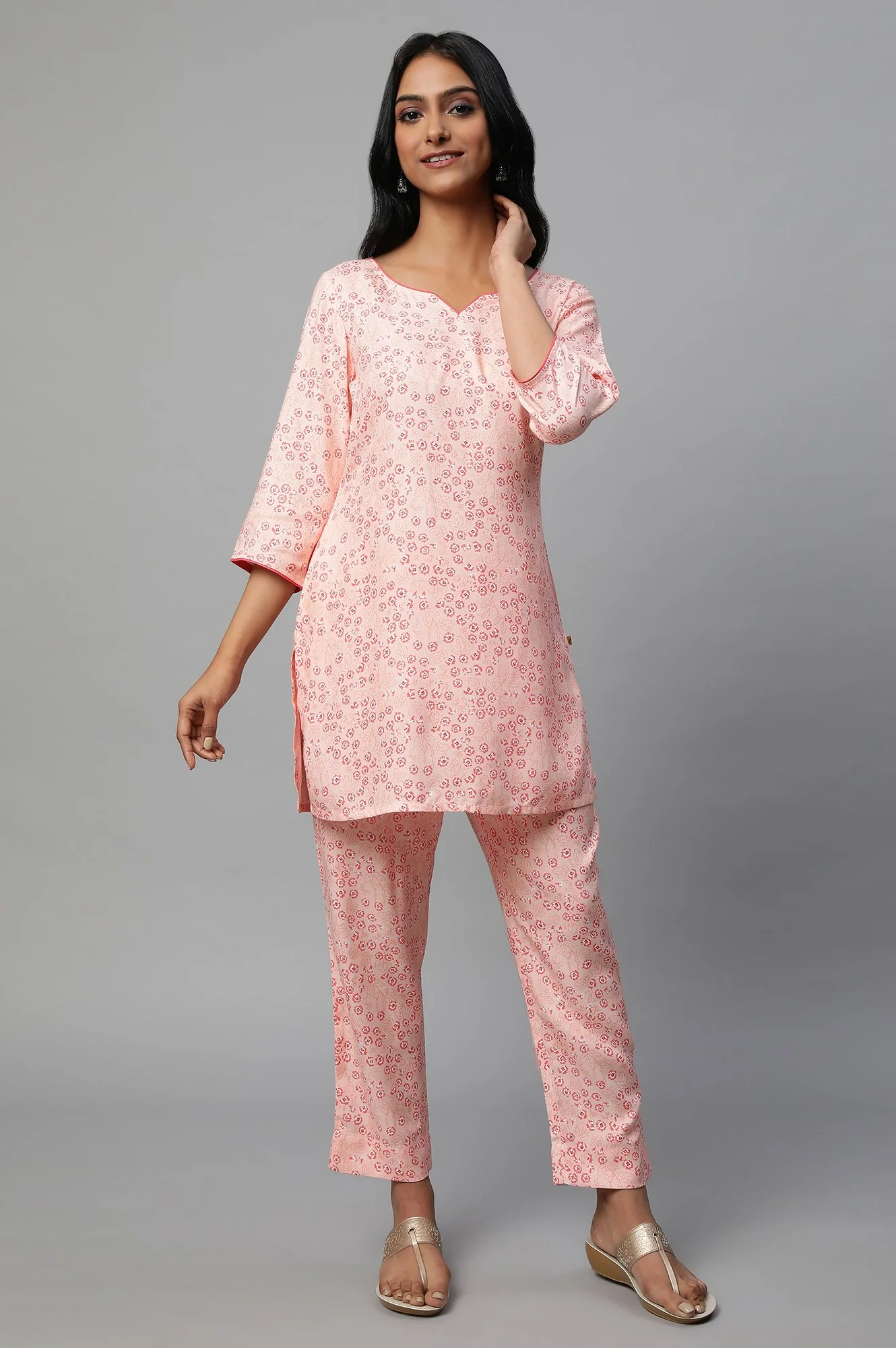 Pink Floral Print Casual Summer kurta - Image 2