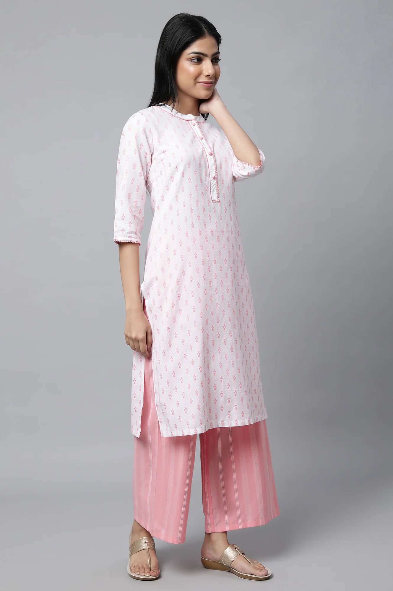 Pink Floral Print Plus Size kurta In Band Collar - Image 4