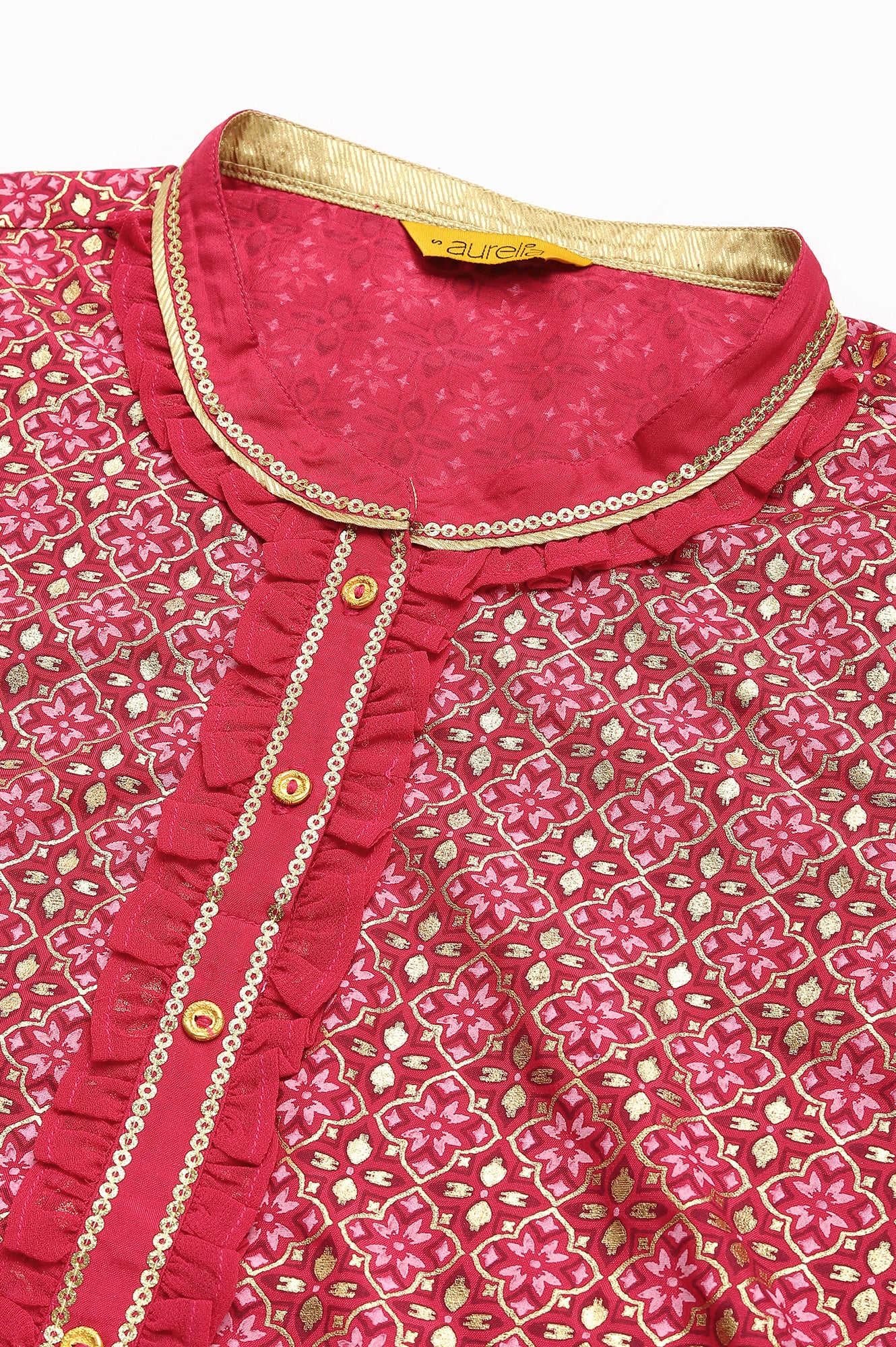 Pink Floral Printed Sequined Ethnic kurta - Image 2