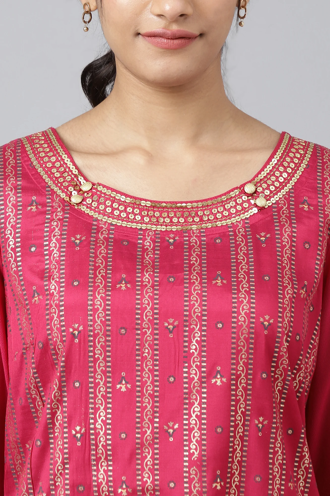 Pink Foil Printed kurta with Blue Parallel Pants and Dupatta - Image 10