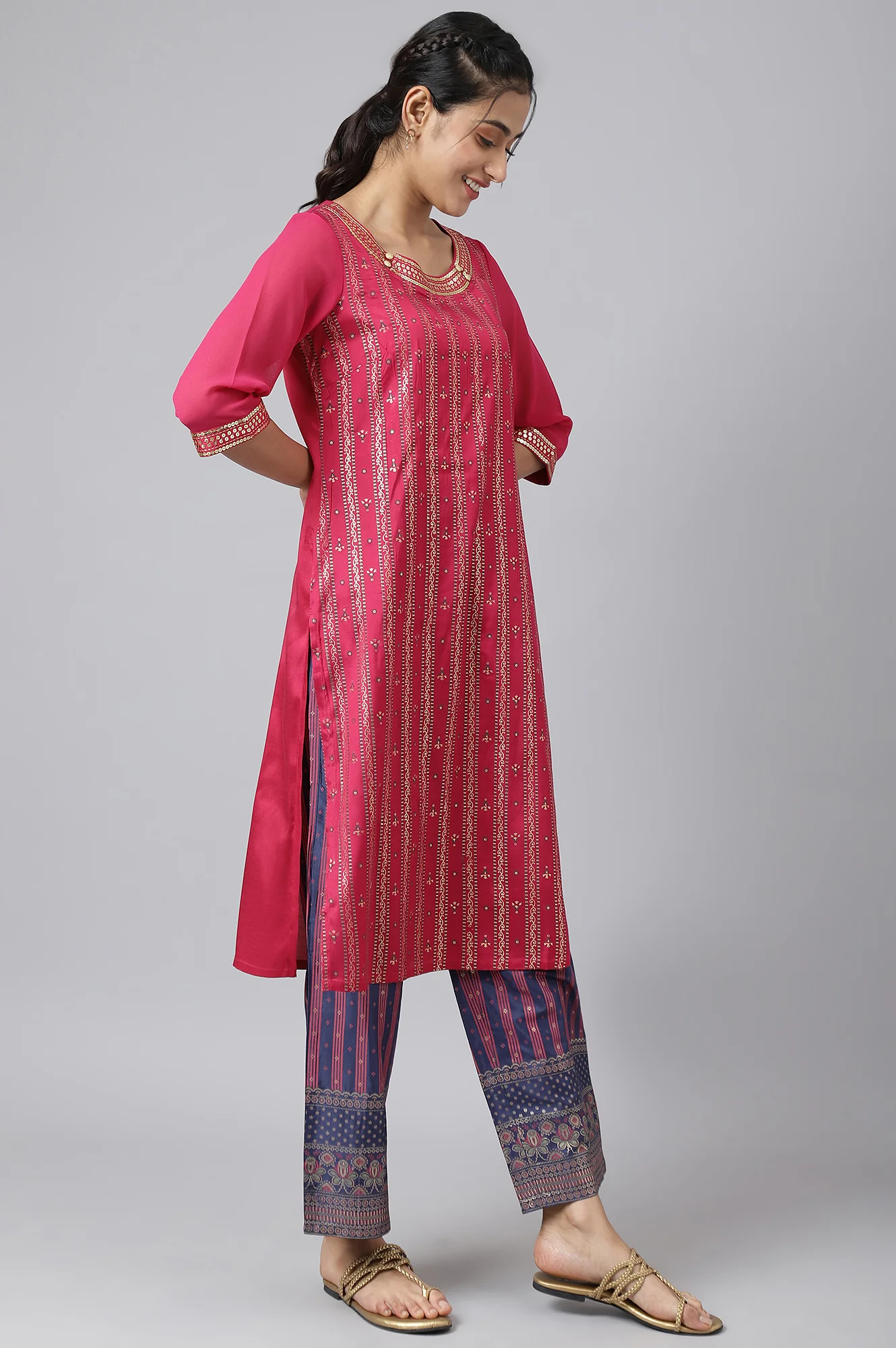 Pink Foil Printed kurta with Blue Parallel Pants and Dupatta - Image 8