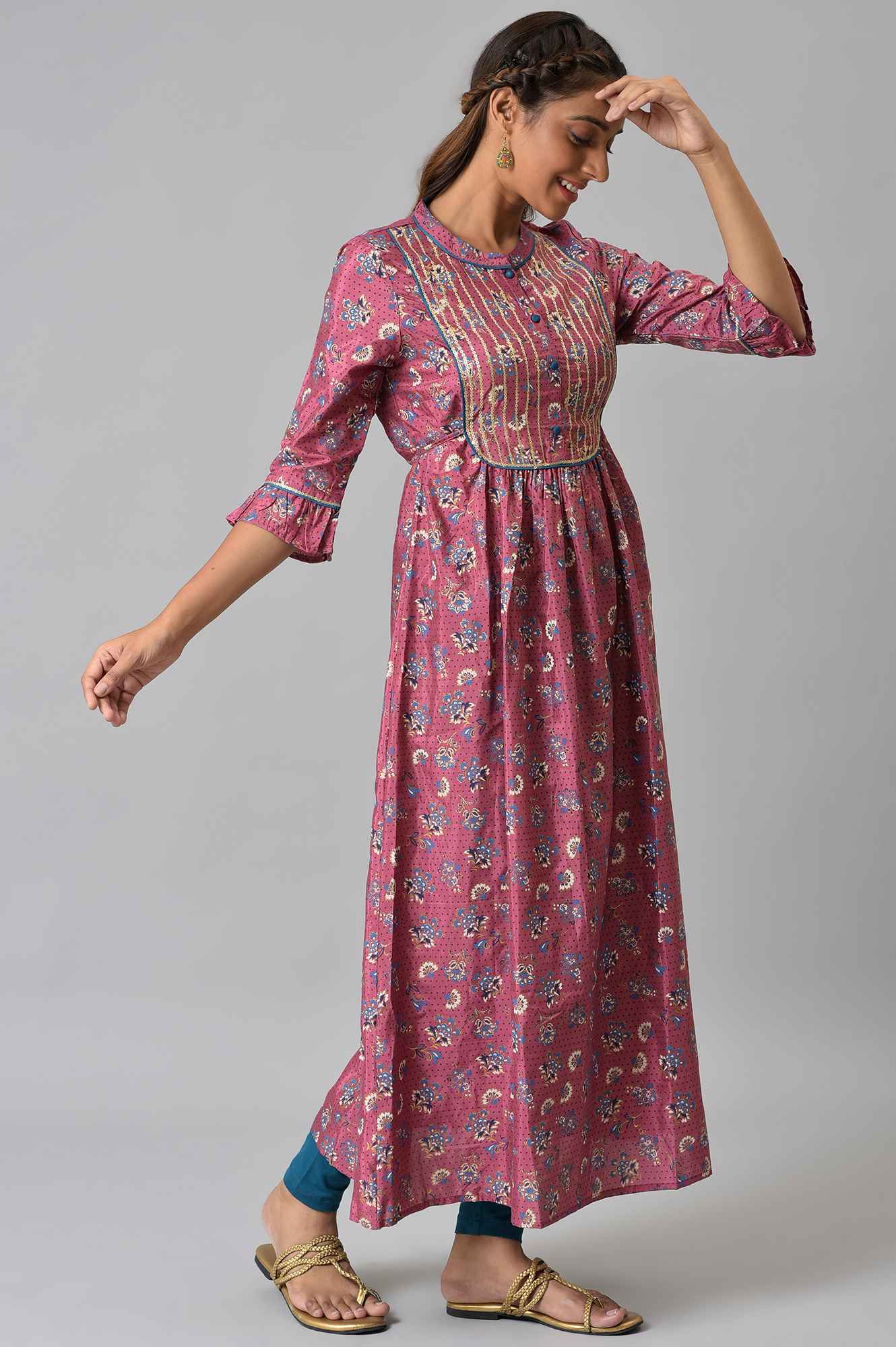 Pink Heavy Embellished A-line Ethnic kurta - Image 4