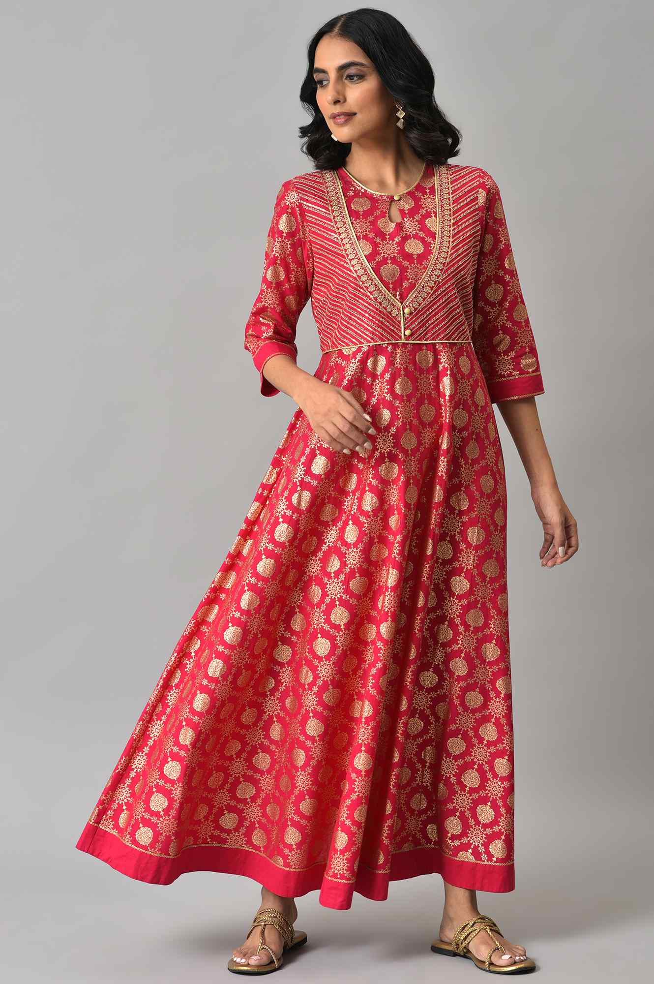 Pink Heavy Festive Flared Dress with Mock Embroidered Jacket - Image 5