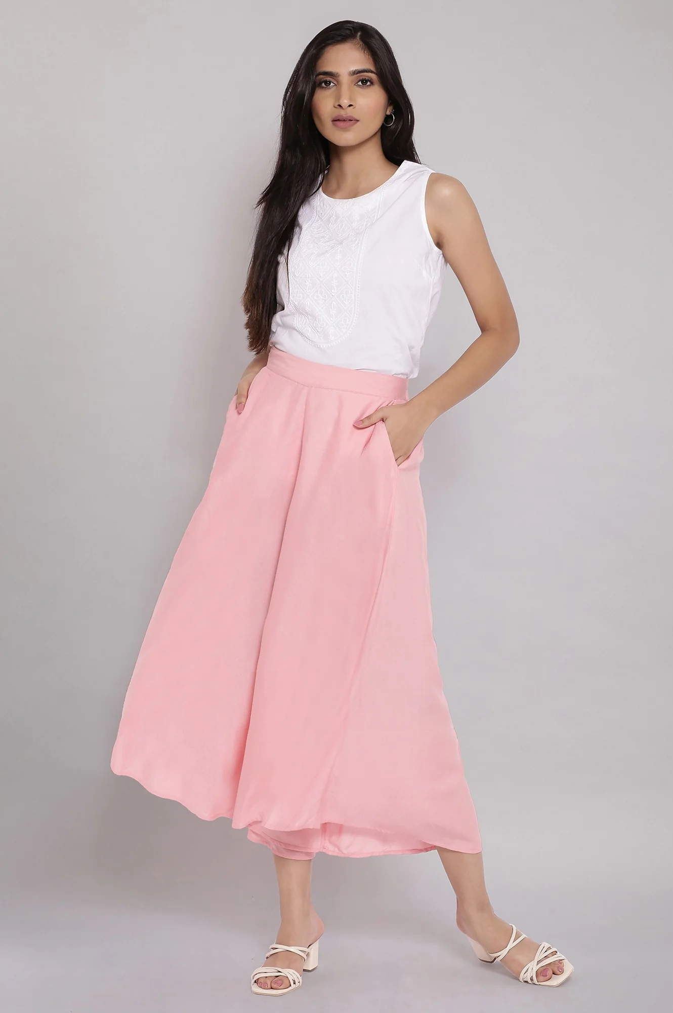 Pink Solid Flared Cotton Culottes With Elasticated Waist - Image 5