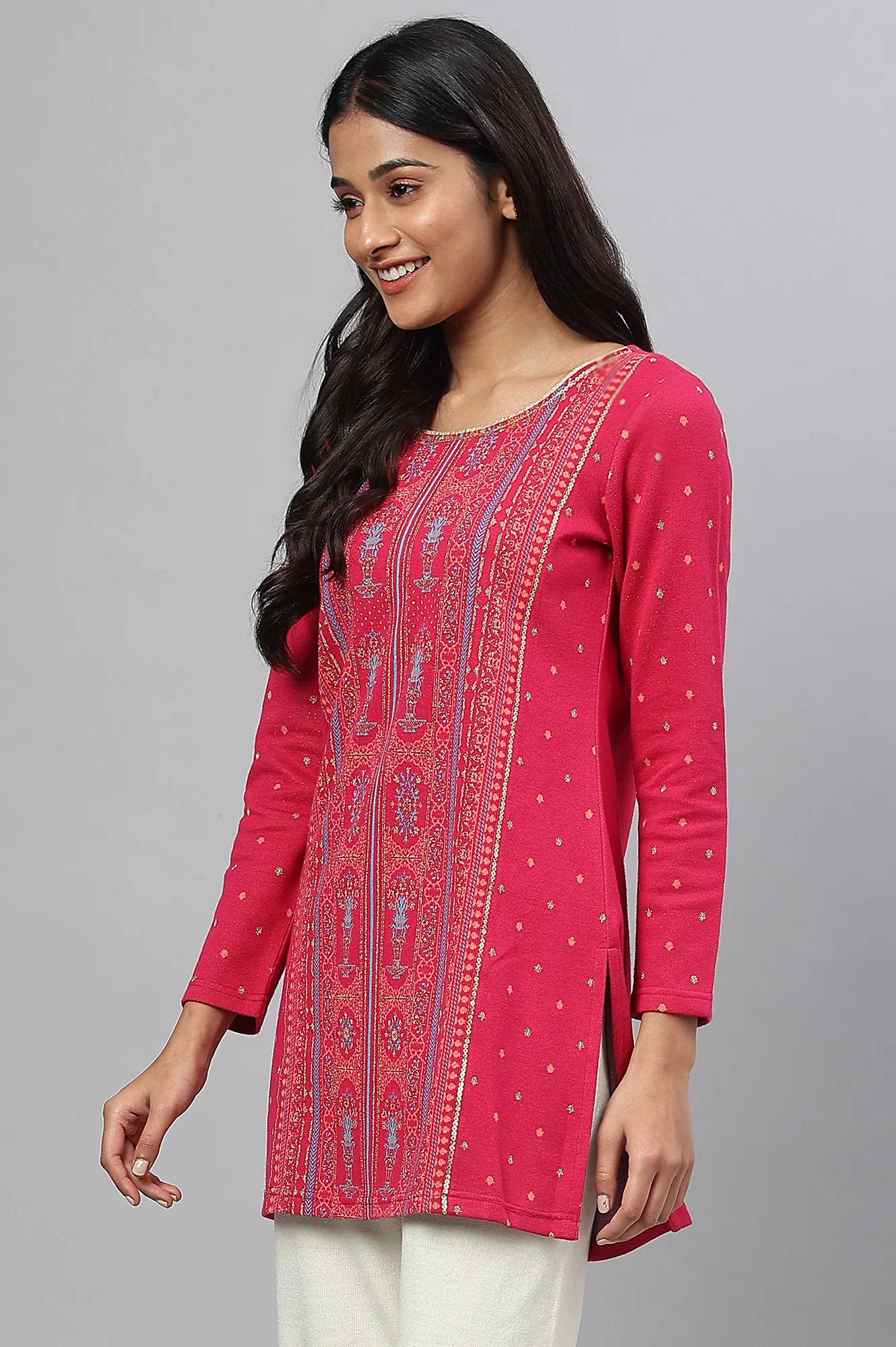 Pink Jacquard Short kurta - Image 3