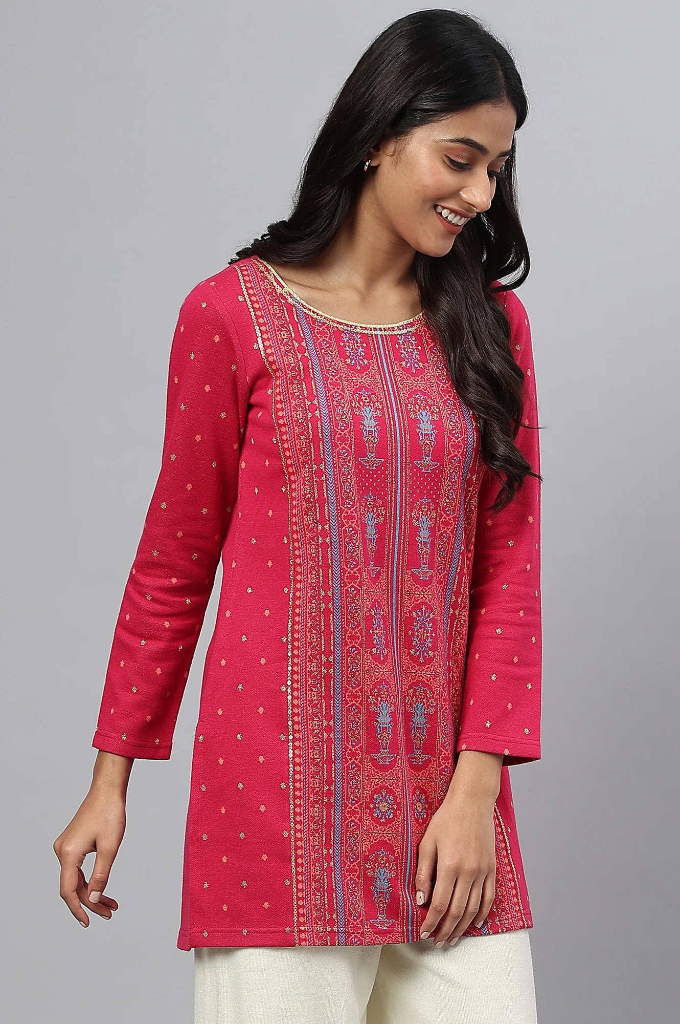 Pink Jacquard Short kurta - Image 6