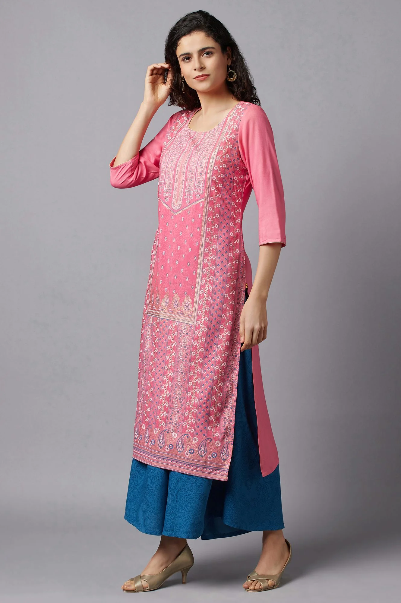 Pink kurta and Blue Culottes Set - Image 3