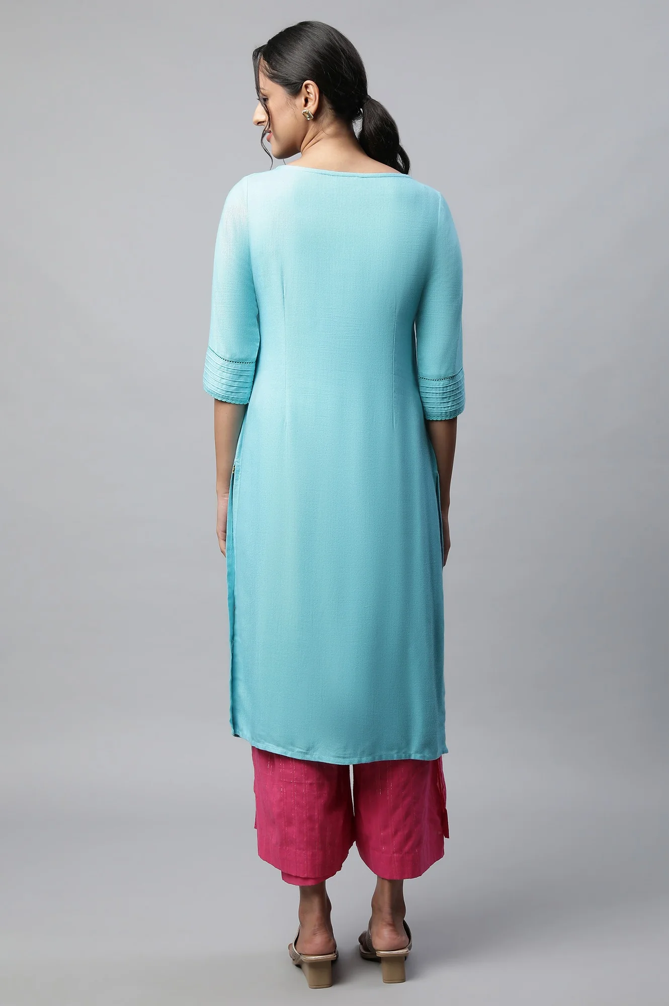 Pink Textured Straight Fit Cotton Palazzo With Drawstring Waist - Image 2