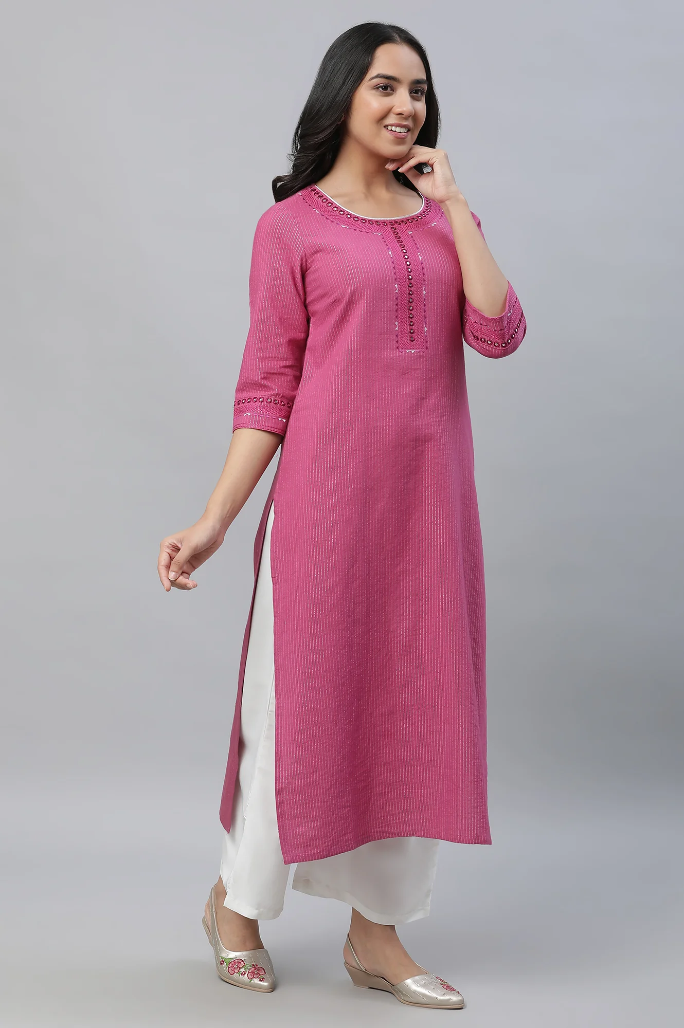 Pink Lurex Stripe Kurta with Embroidery - Image 6