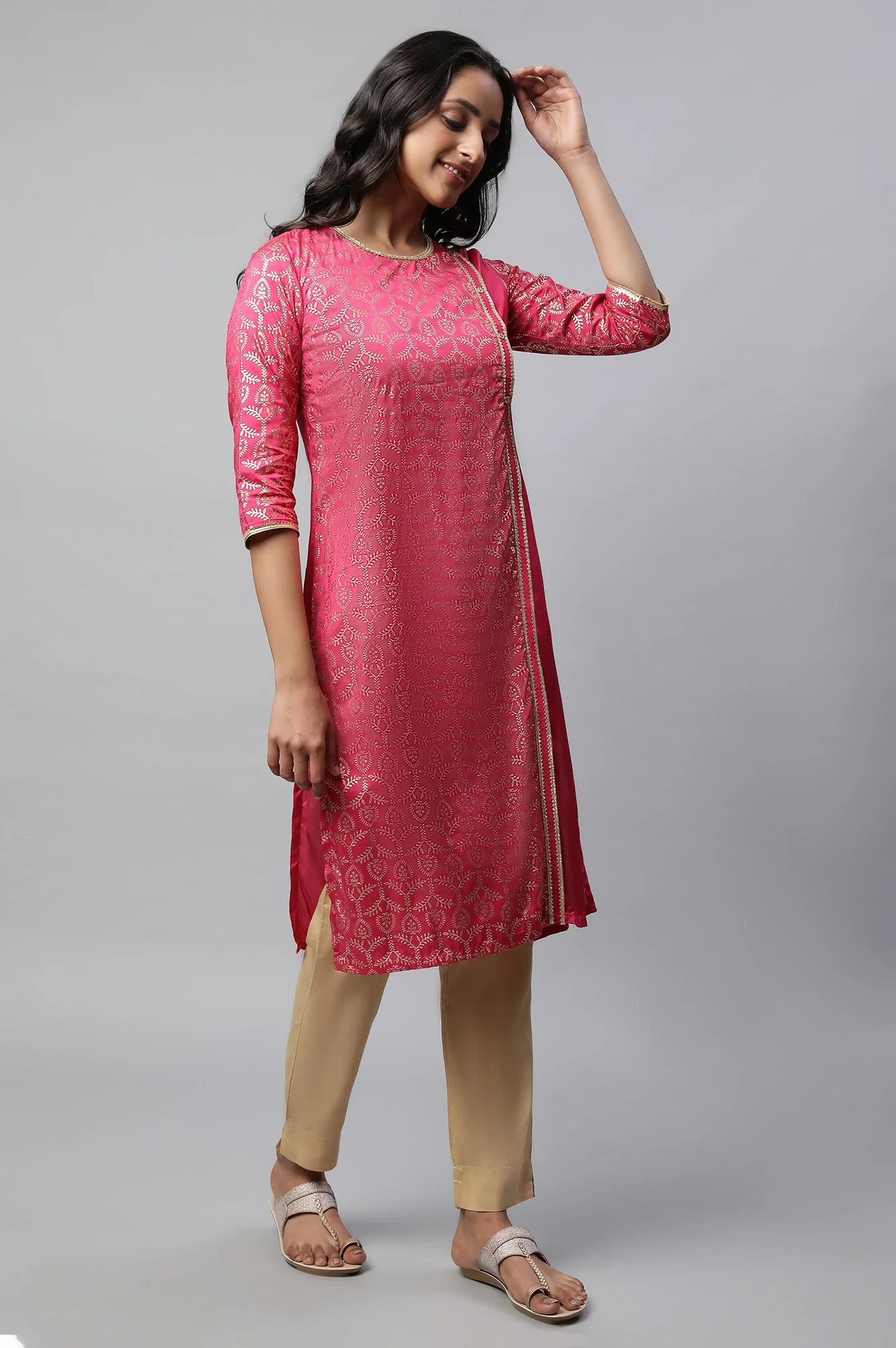 Pink Mock Overlap Straight kurta - Image 4