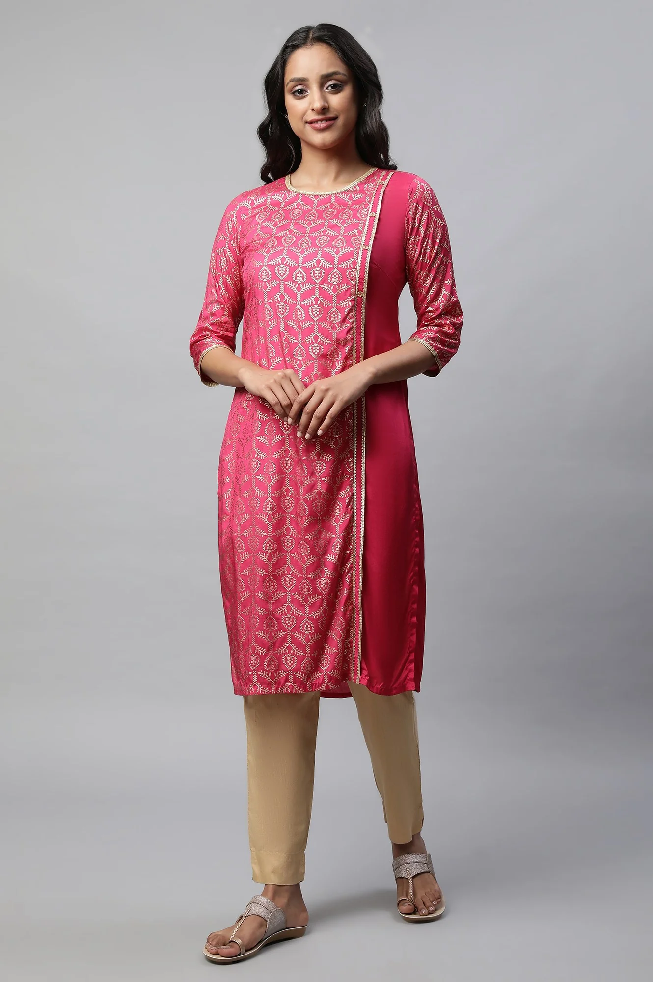 Pink Mock Overlap Straight kurta - Image 5