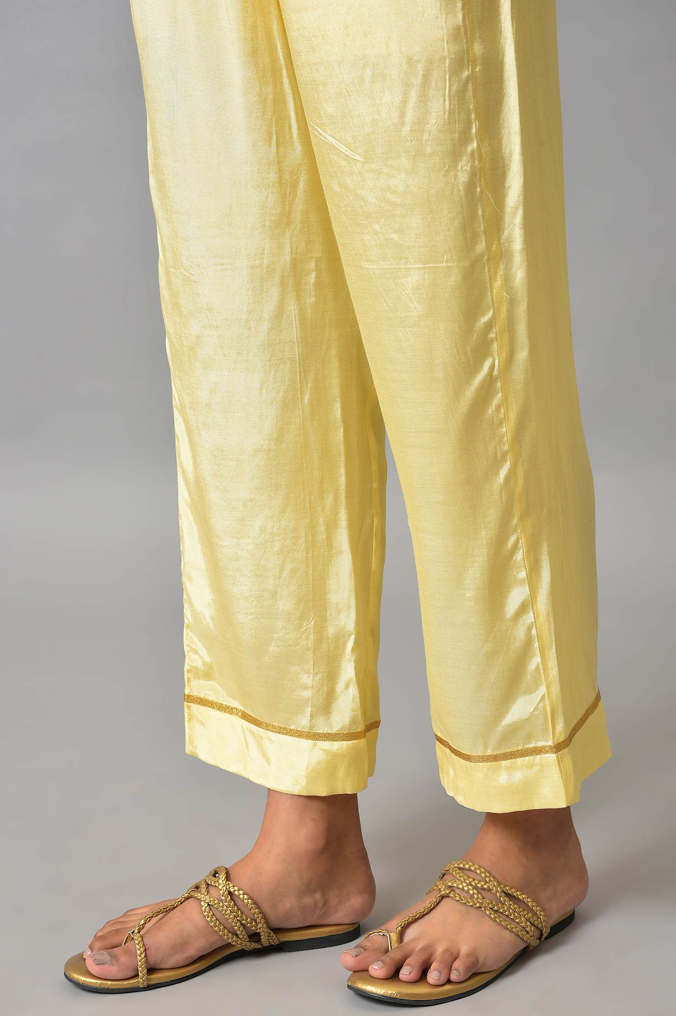 Pink Ornated Long Gillet With Yellow Inner kurta And Trousers - Image 8