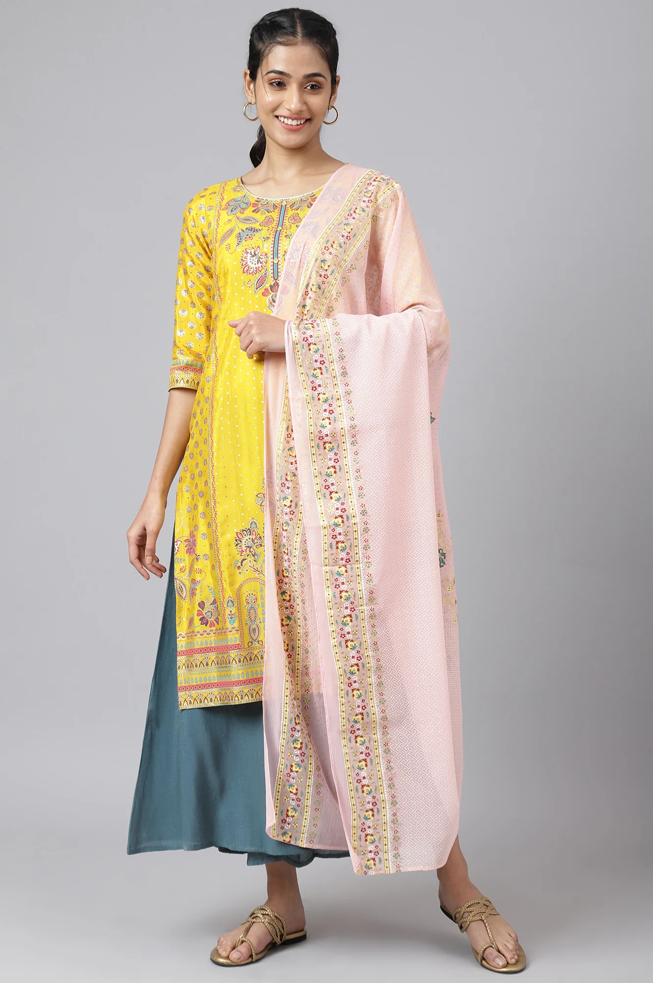 Pink Placement Print Silver Chiffon Dupatta - Image 2