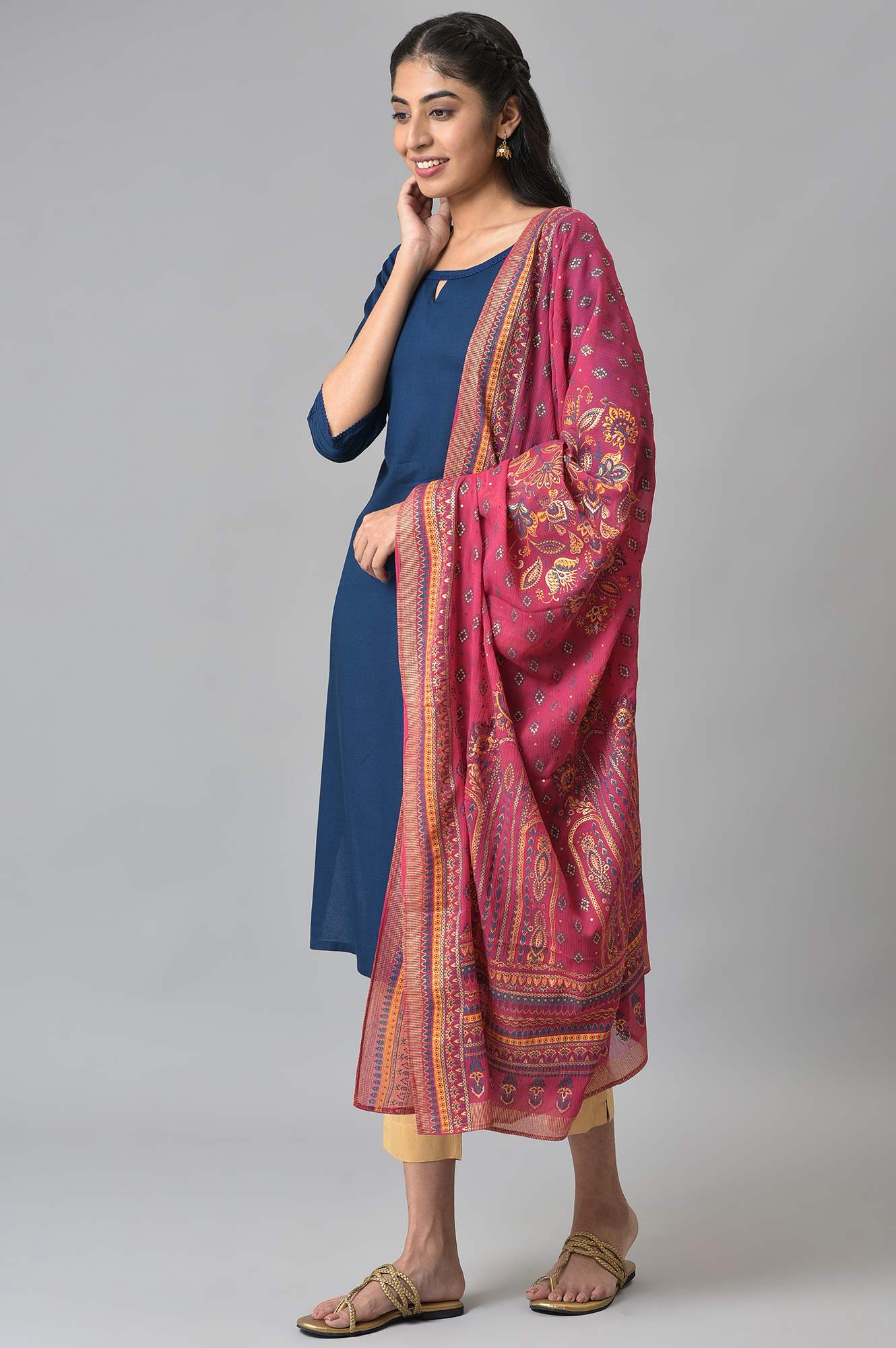 Pink Placement Print Silver Chiffon Dupatta - Image 3