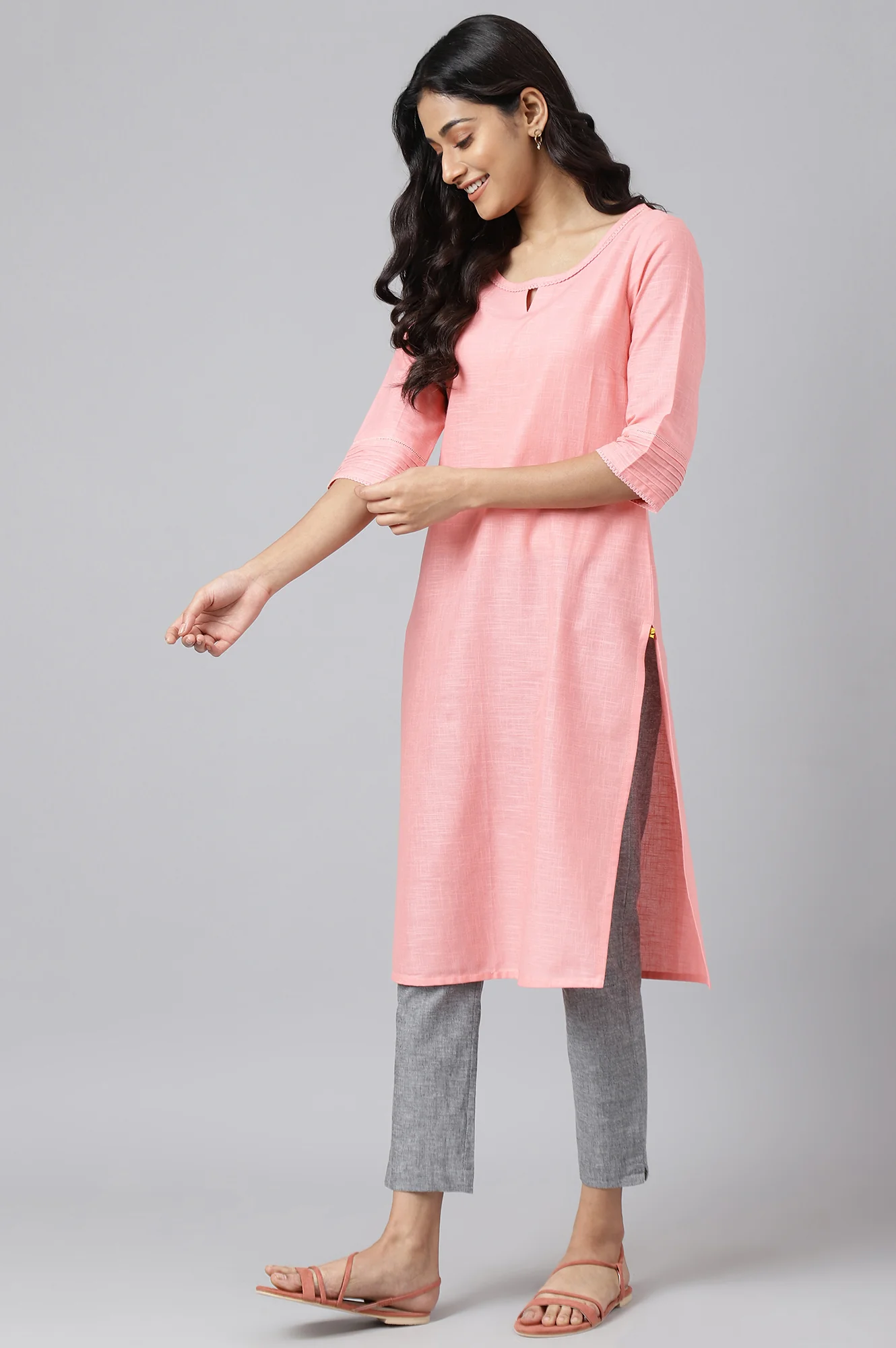 Pink Rayon kurta with Lace Detail - Image 3