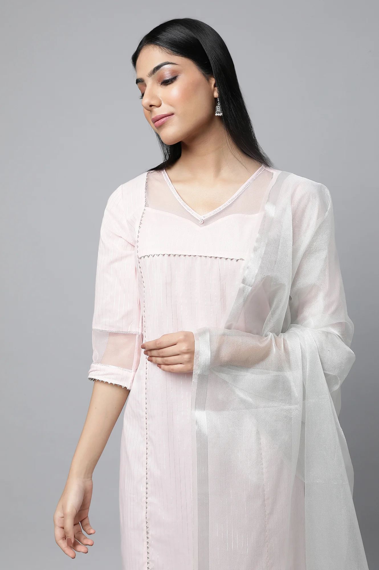 Pink Sequined Lurex Striped kurta - Image 6