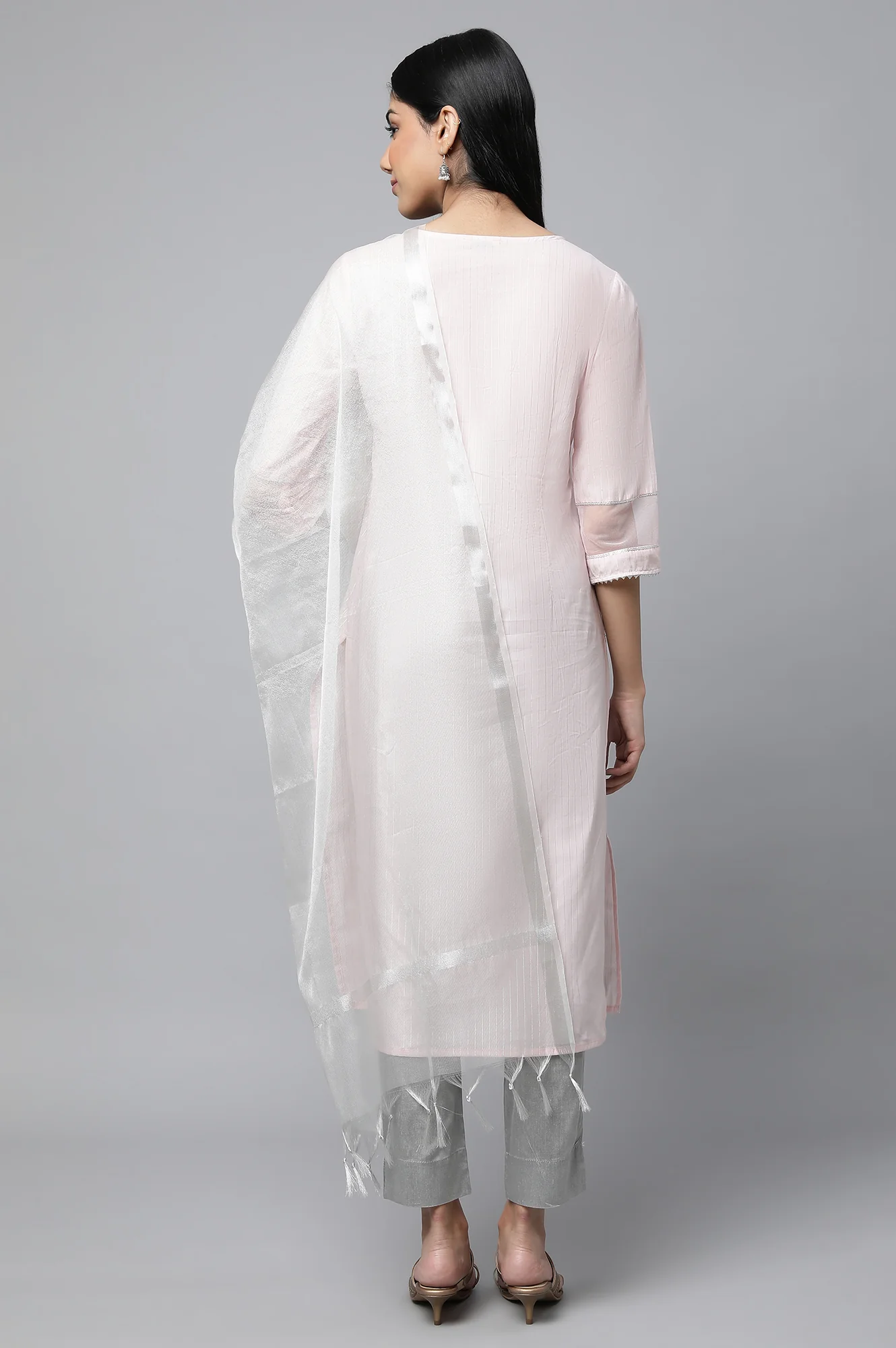 Pink Sequined Lurex Striped kurta - Image 2