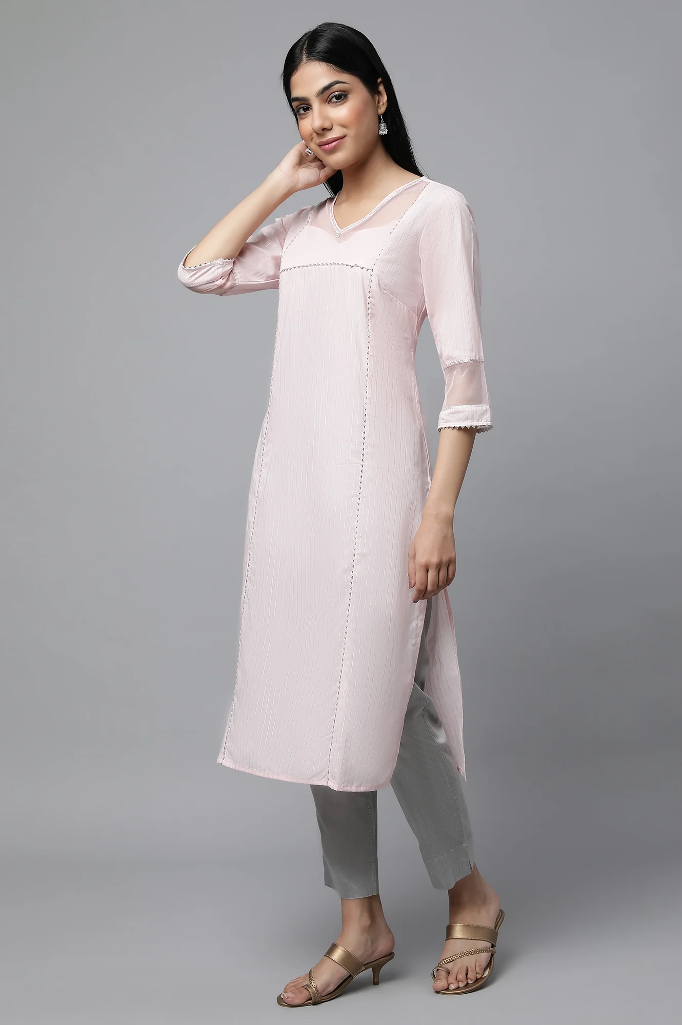 Pink Sequined Lurex Striped kurta - Image 3