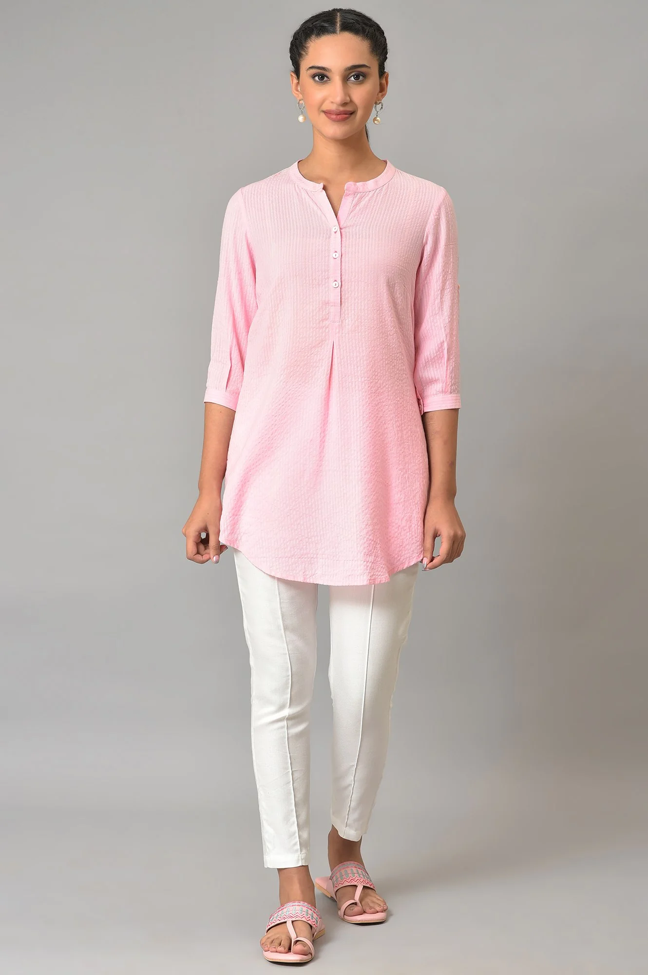 Pink Sheer Sucker Mandarin Collar kurta - Image 5
