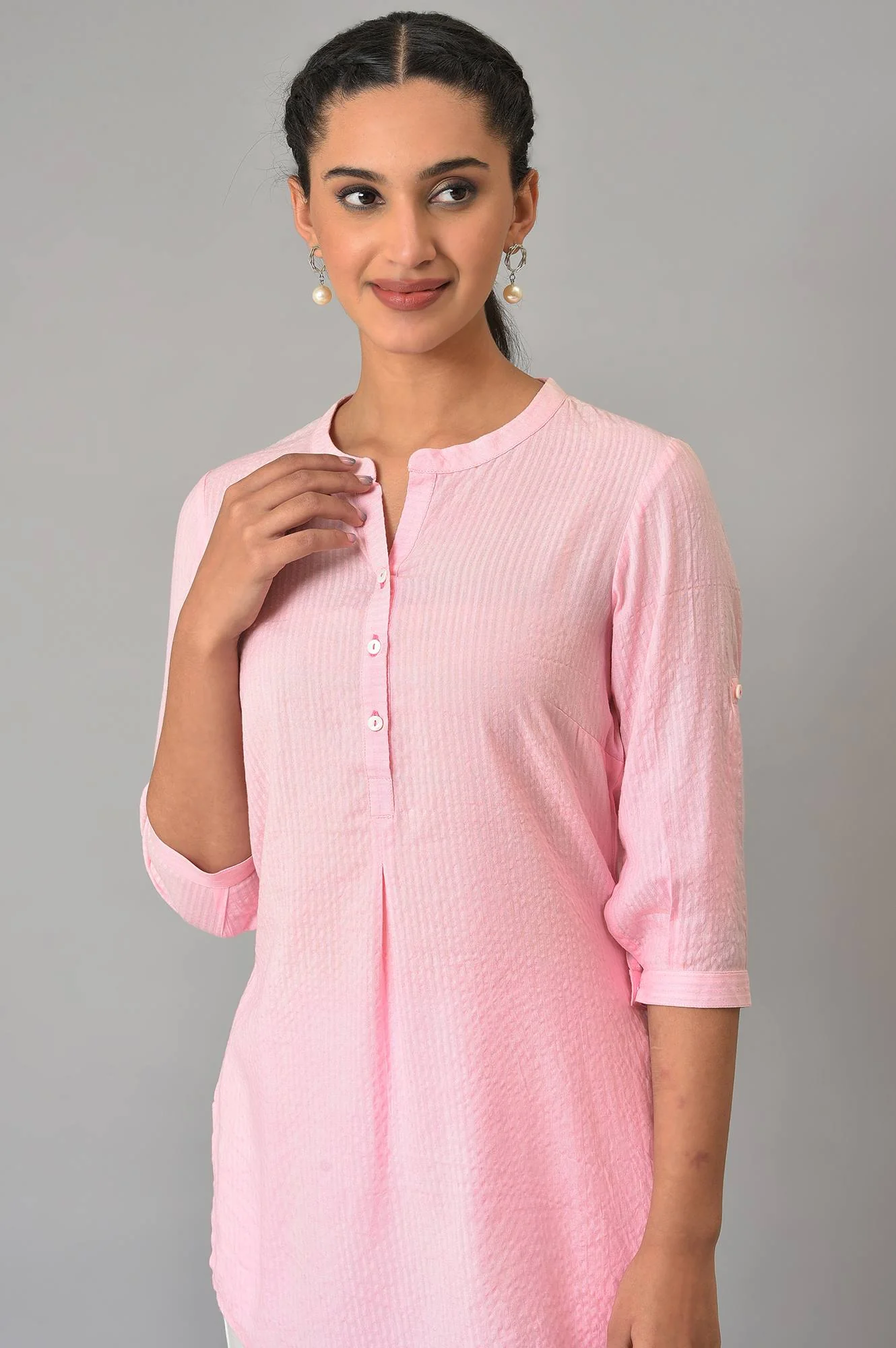Pink Sheer Sucker Mandarin Collar kurta - Image 6