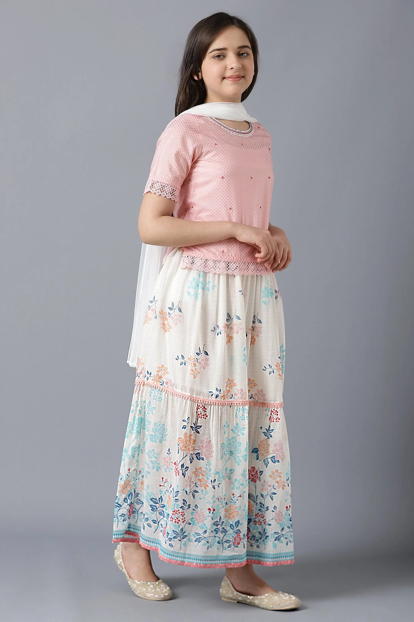 Pink Straight Top With White Flared Skirt And Dupatta - Image 4