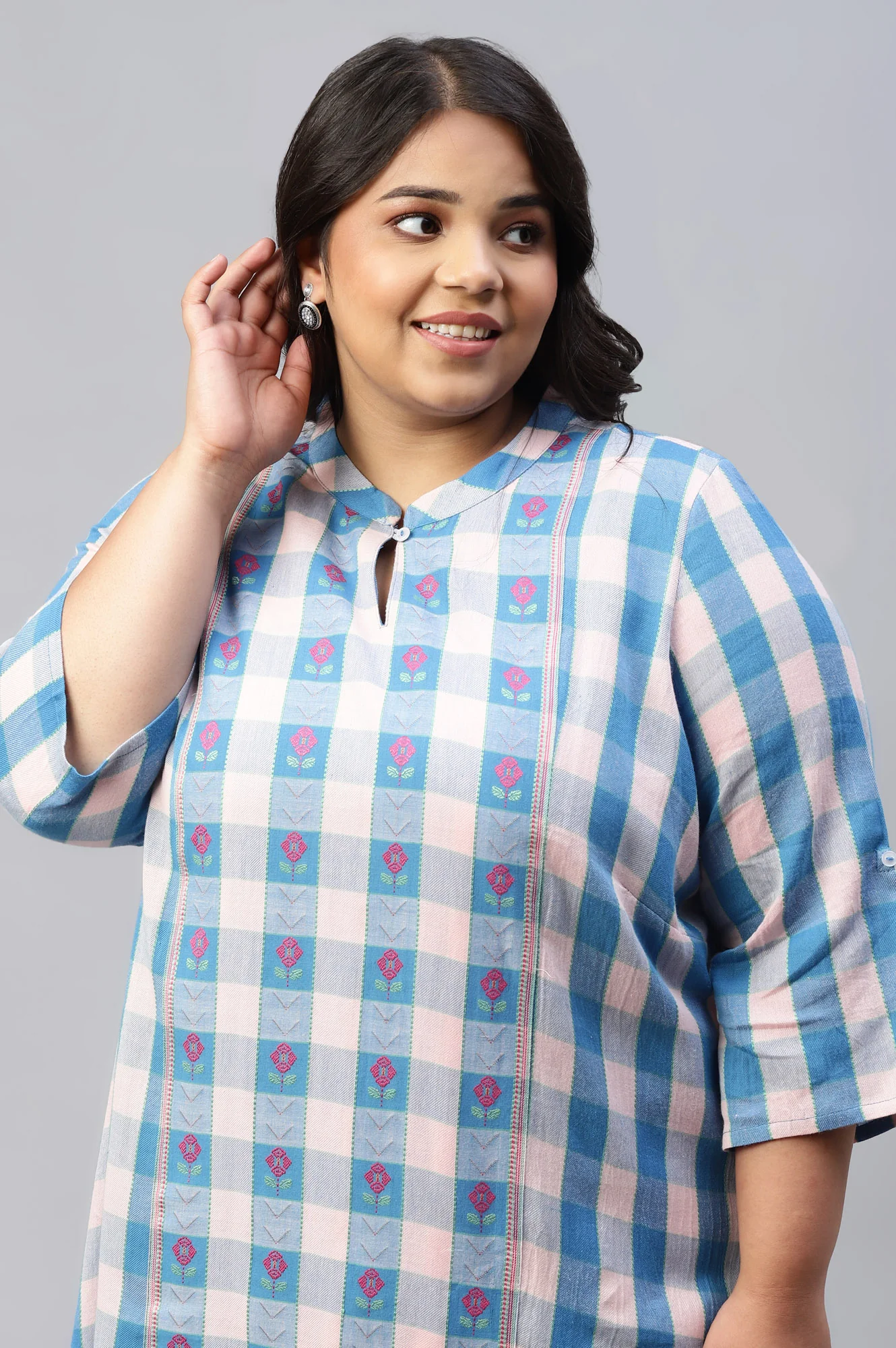 Pink Yarn Dyed Mandarin Collar Plus Size kurta - Image 5