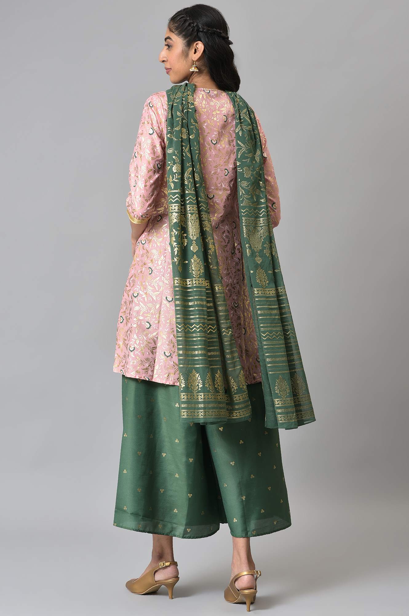 Pink Zari Embroidered kurta with Green Palazzo and Dupatta - Image 3