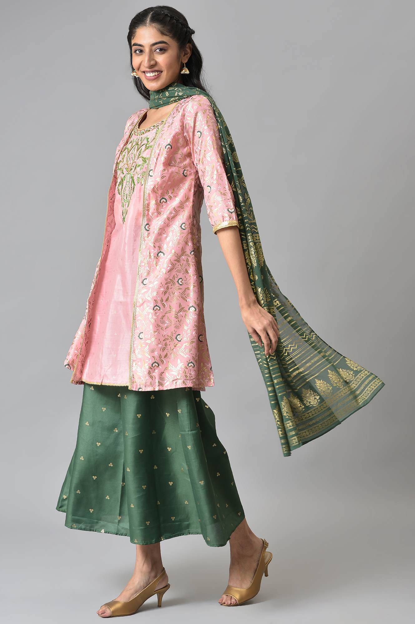 Pink Zari Embroidered kurta with Green Palazzo and Dupatta - Image 4