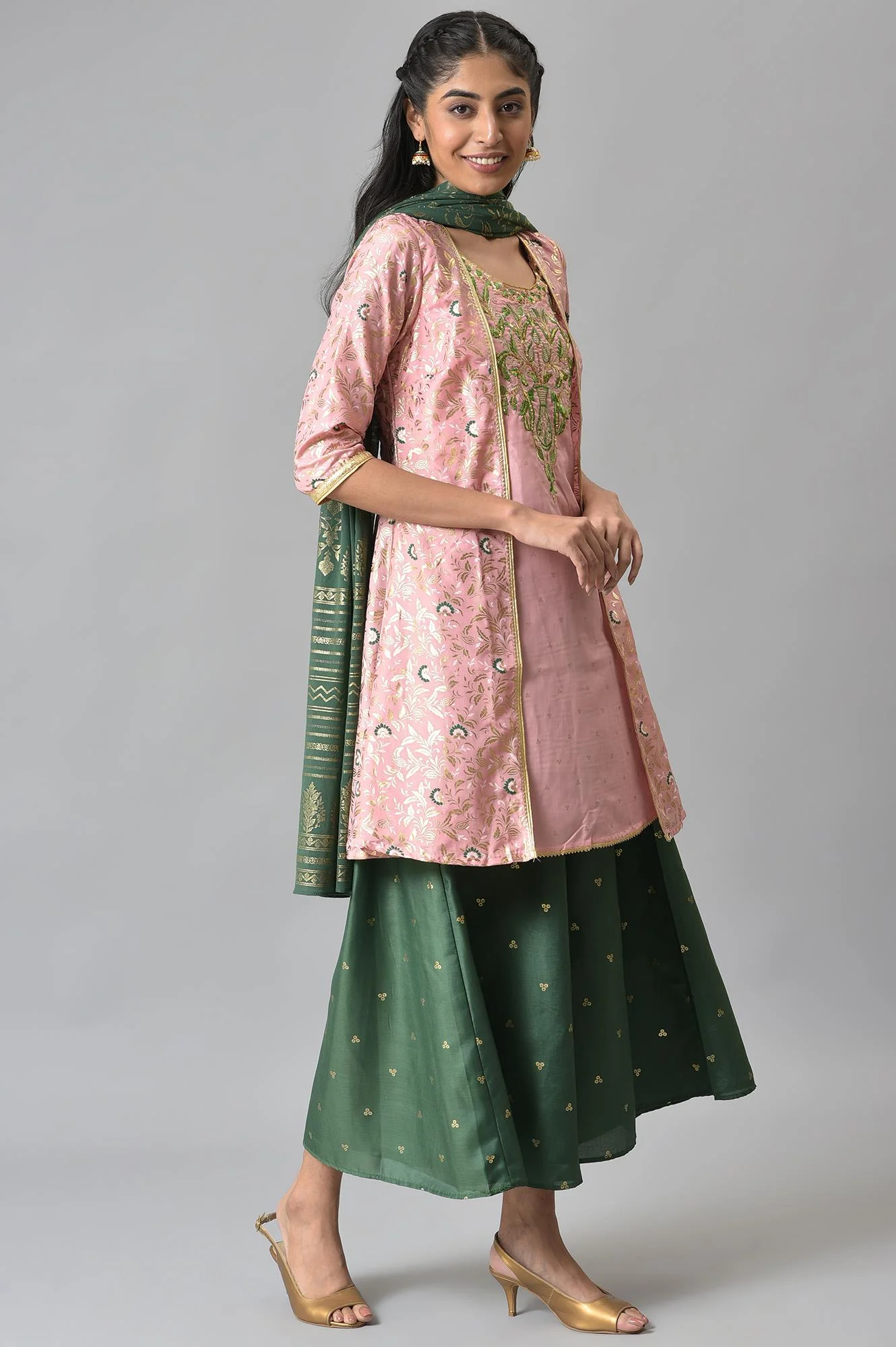 Pink Zari Embroidered kurta with Green Palazzo and Dupatta - Image 5