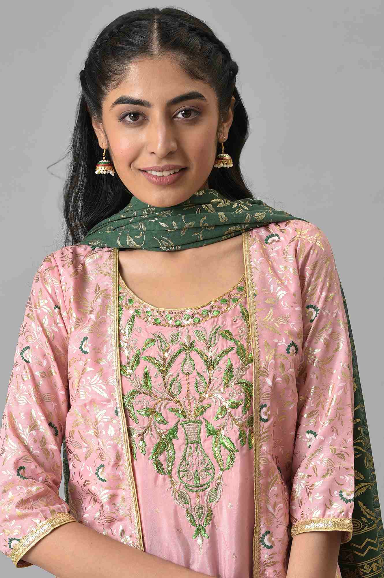 Pink Zari Embroidered kurta with Green Palazzo and Dupatta - Image 6