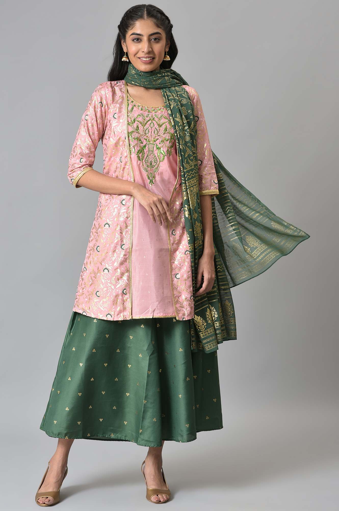 Pink Zari Embroidered kurta with Green Palazzo and Dupatta - Image 9