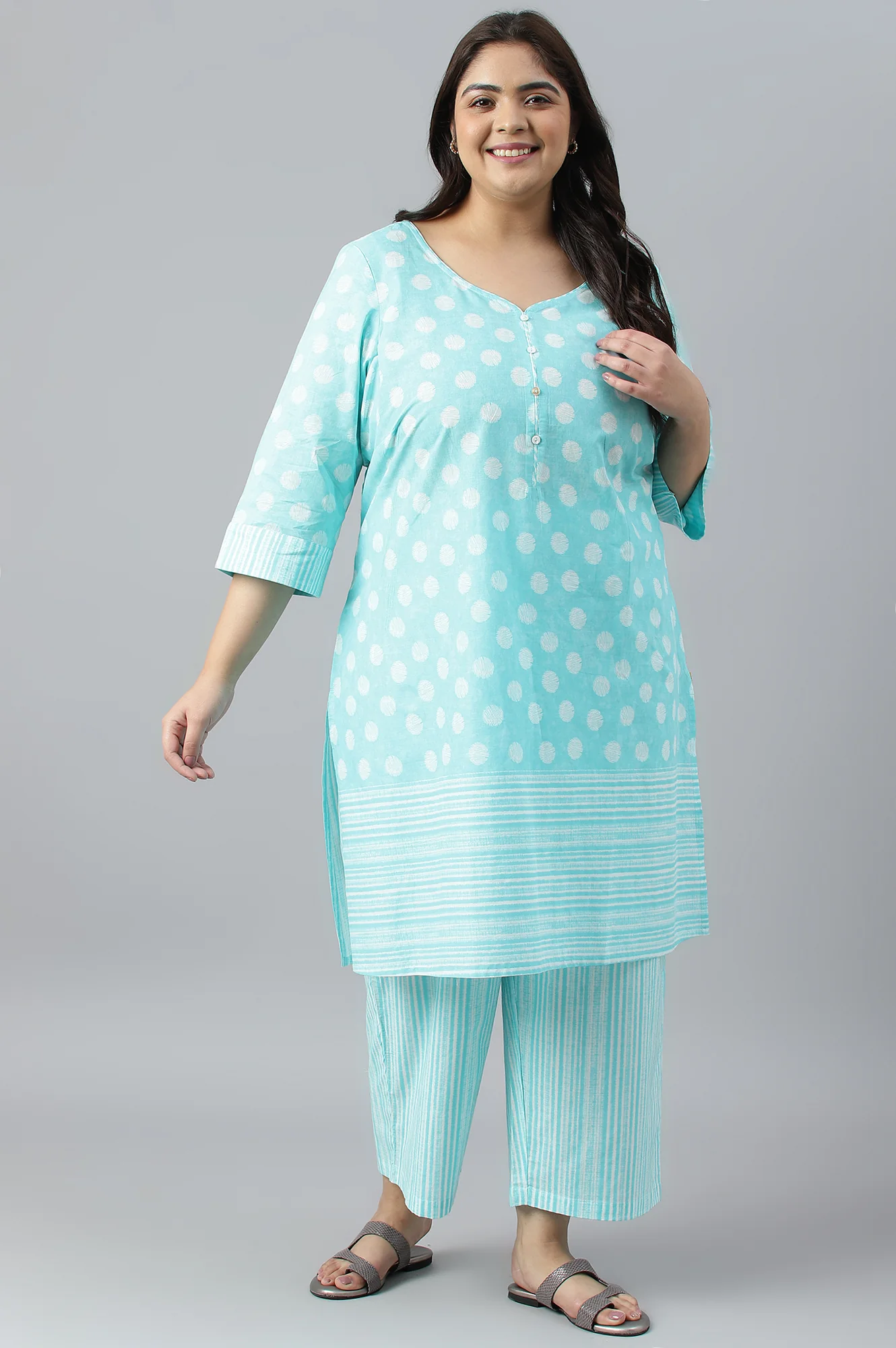 Plus Sie Blue Polka Dots Printed Cotton kurta With Narrow Palaza - Image 7