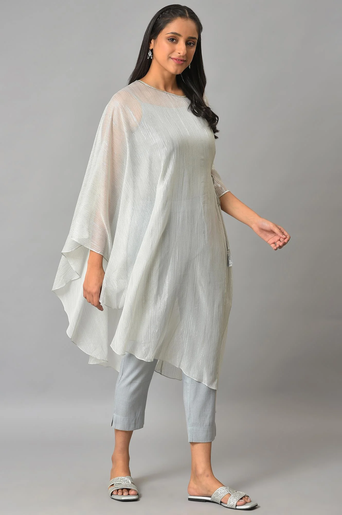 Plus Size Blue Assymetric kurta With Inner And Trousers - Image 4
