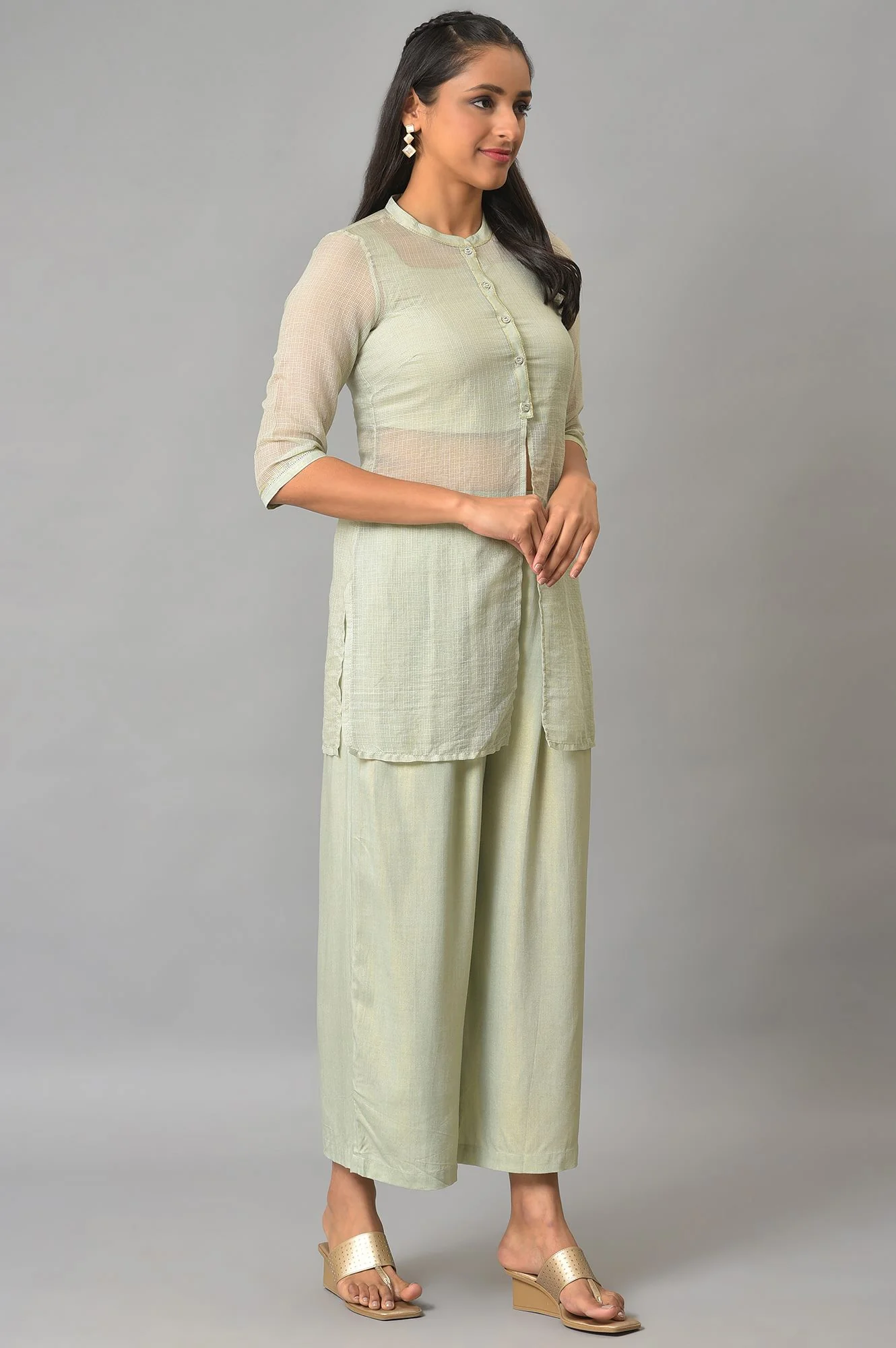Plus Size Light Blue Kota Jacket With Crop-Top And Box Pants - Image 4