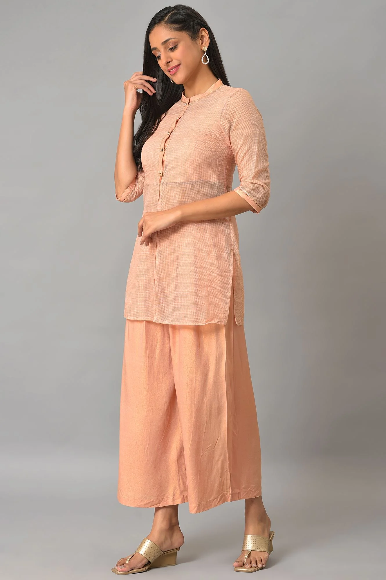 Plus Size Peach Kota Jacket With Crop-Top And Box Pants - Image 3