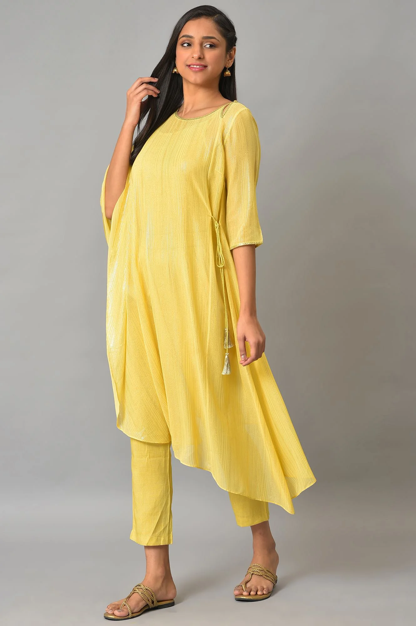 Plus Size Yellow Assymetric kurta With Inner And Trousers - Image 3