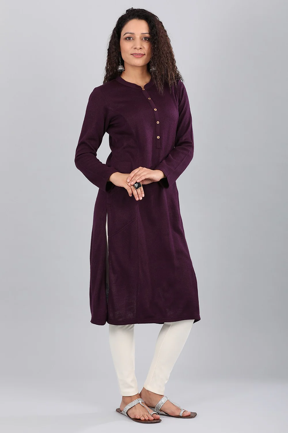 Purple Band Collar Yarn-dyed Winter kurta - Image 3