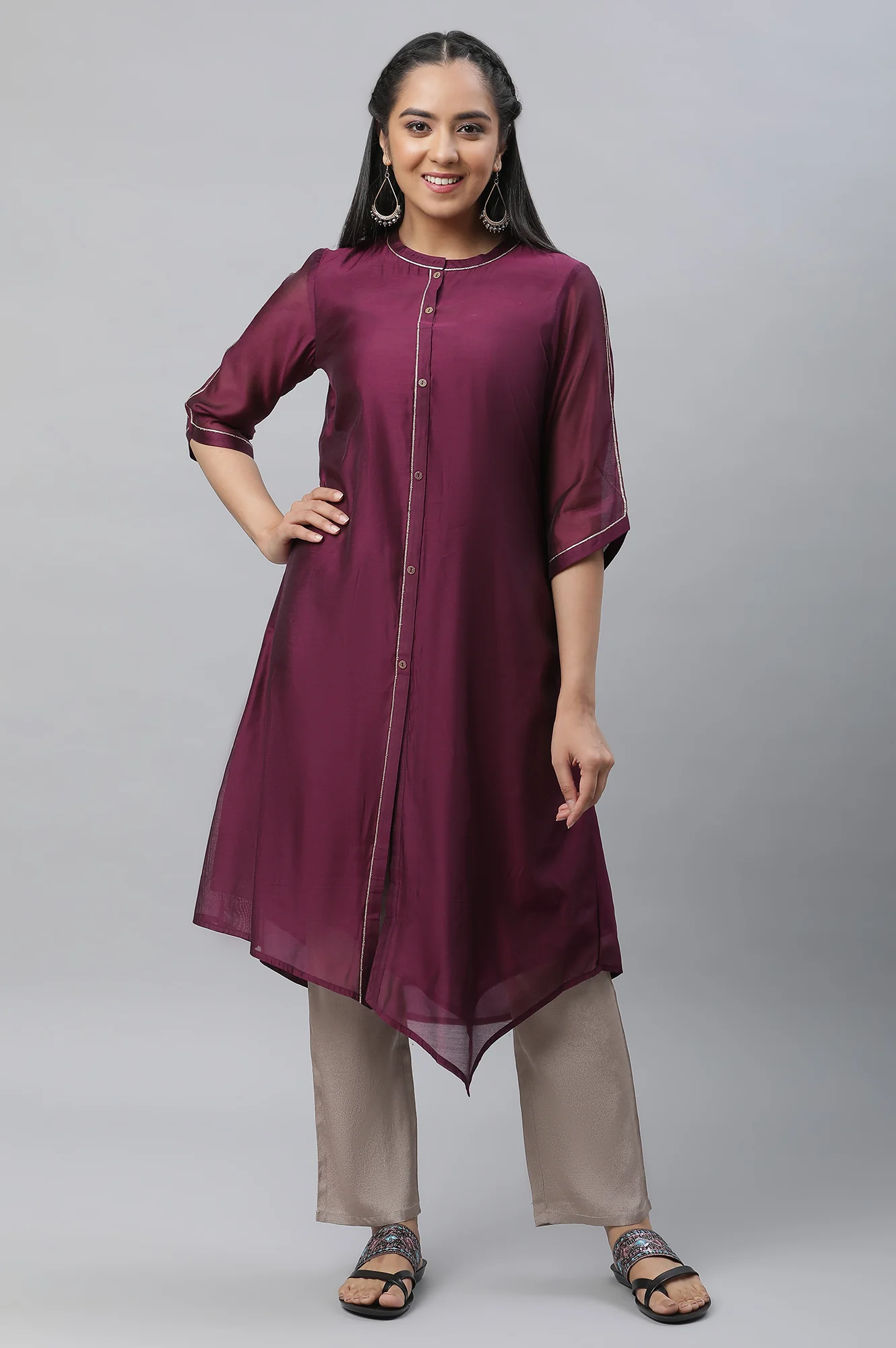 Purple Chanderi Asymmetrical Festive Kurta with Embellishment - Image 2